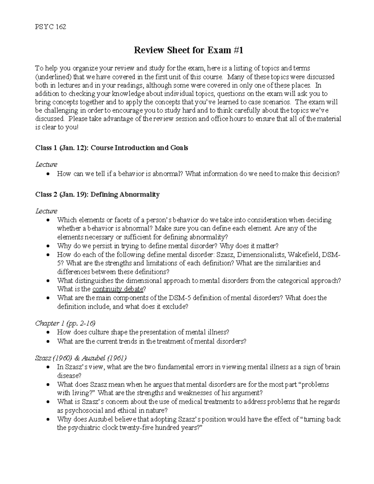 PSYC162 Exam 1 Review Sheet - Review Sheet for Exam To help you ...