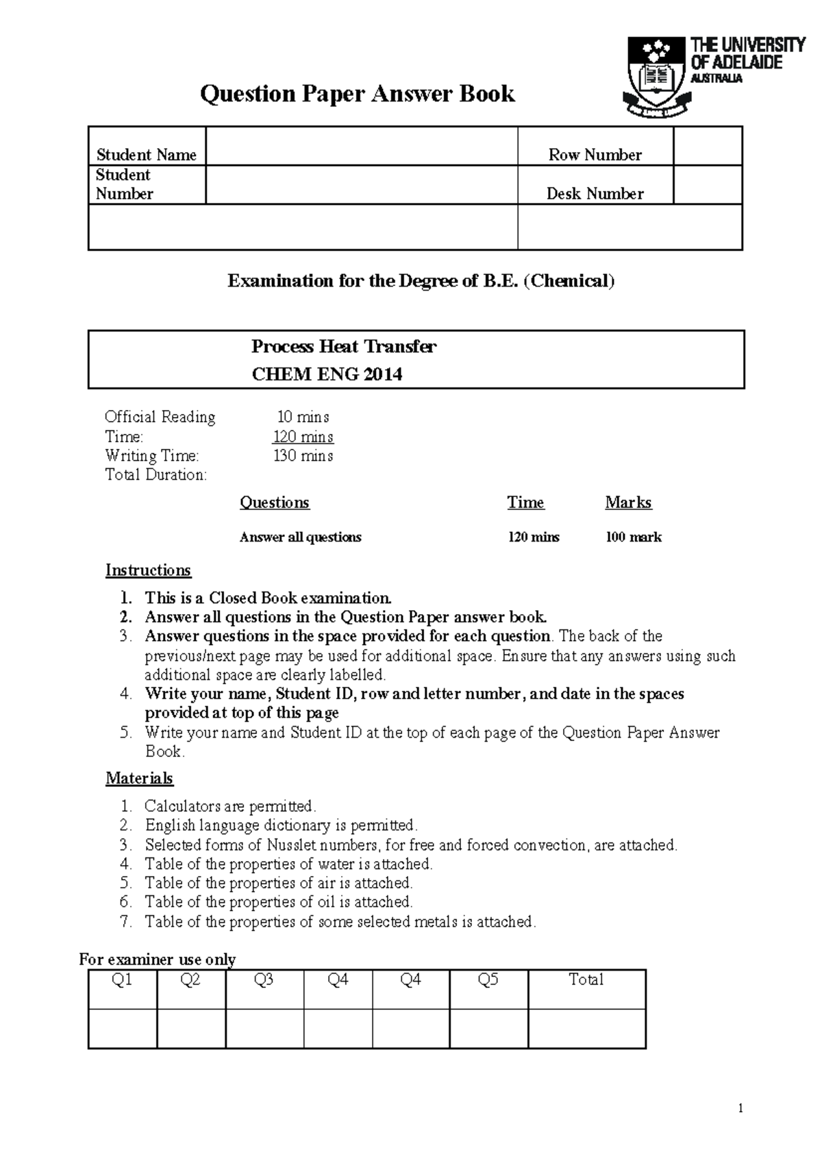 Sample/practice exam 2014, questions - Question Paper Answer Book ...