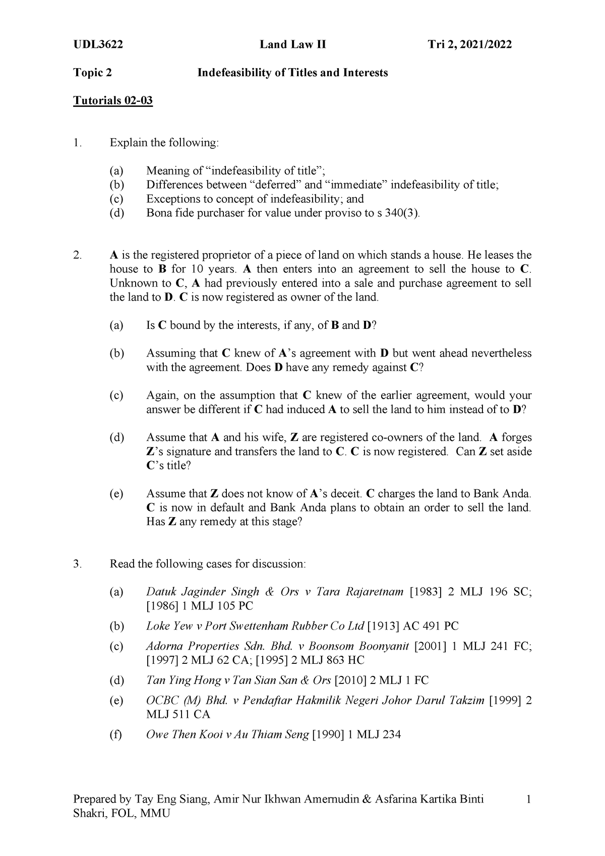 Land Law Tutorial 2 - UDL3622 Land Law II Tri 2, 2021/ Topic 2 ...