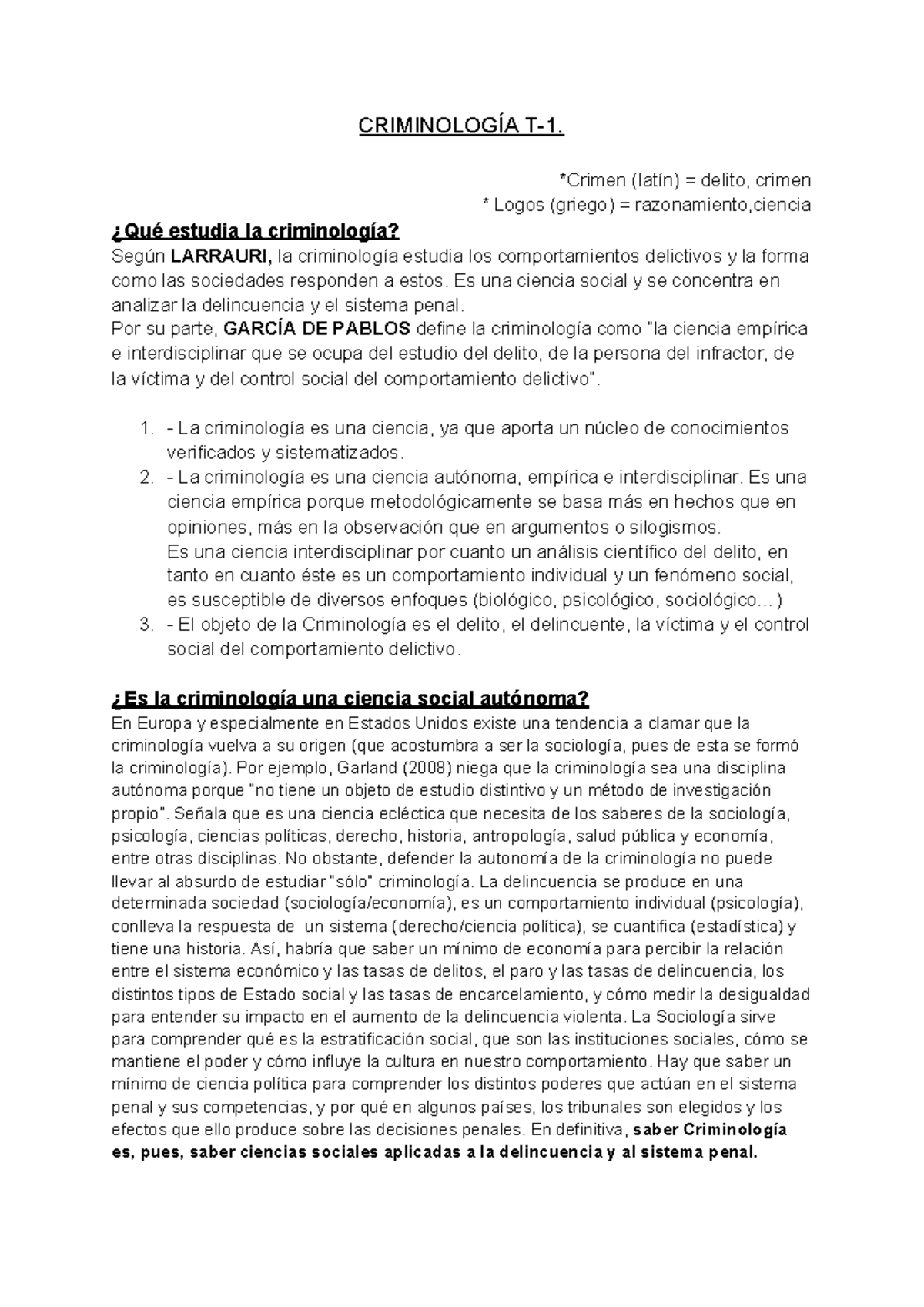 Introducción a la Criminología Tema 1 Apuntes Completos - CRIMINOLOGÍA ...