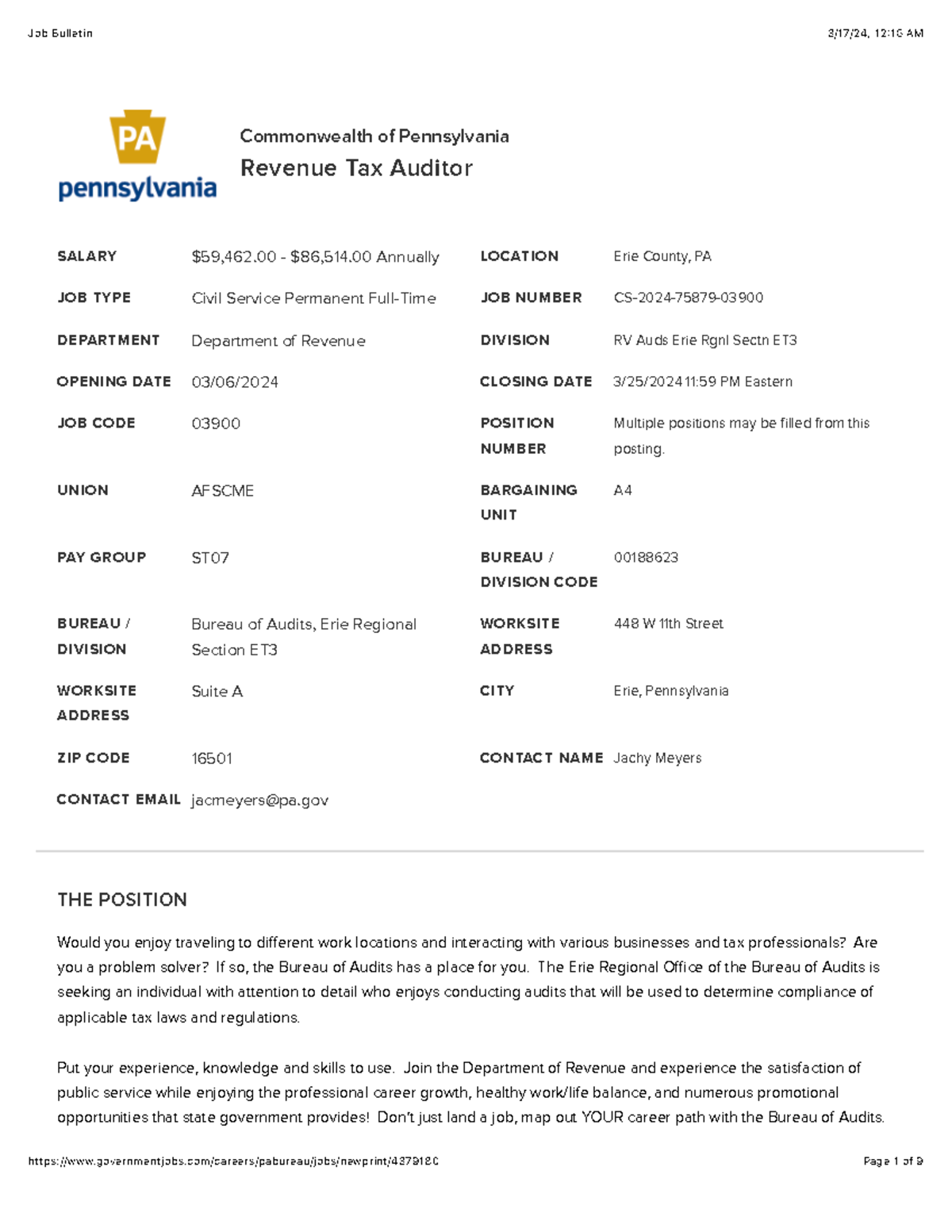 Job Bulletin: Revenue Tax Auditor Position (CS-2024-75879 ...