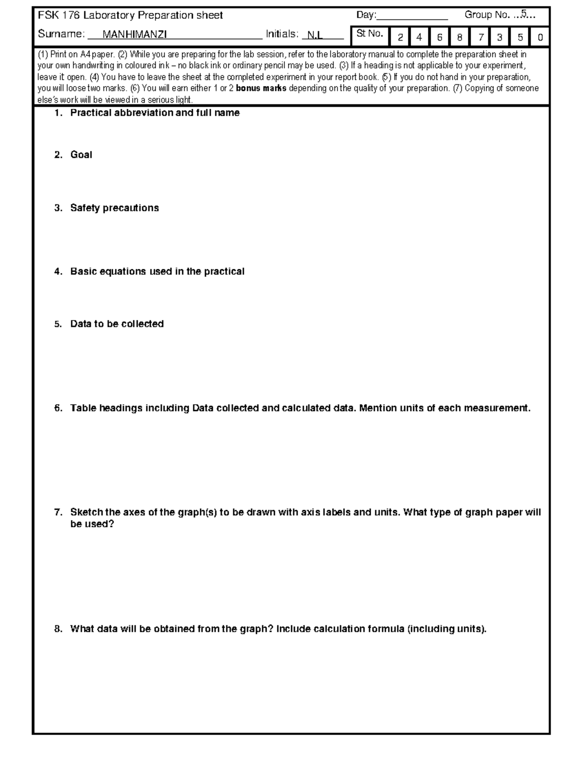 FSK 176 Laboratory Preparation sheet - ....... St No. (1) Print on A4 ...