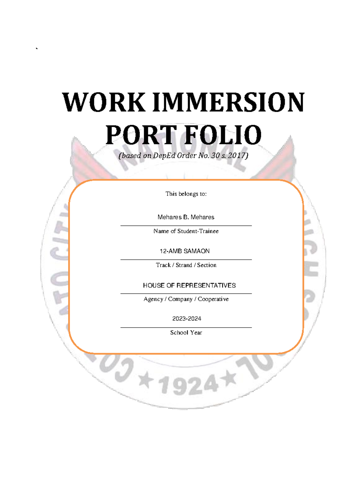 Benal-A-REZZ - NOTHING - ` WORK IMMERSION PORT FOLIO (based on DepEd ...