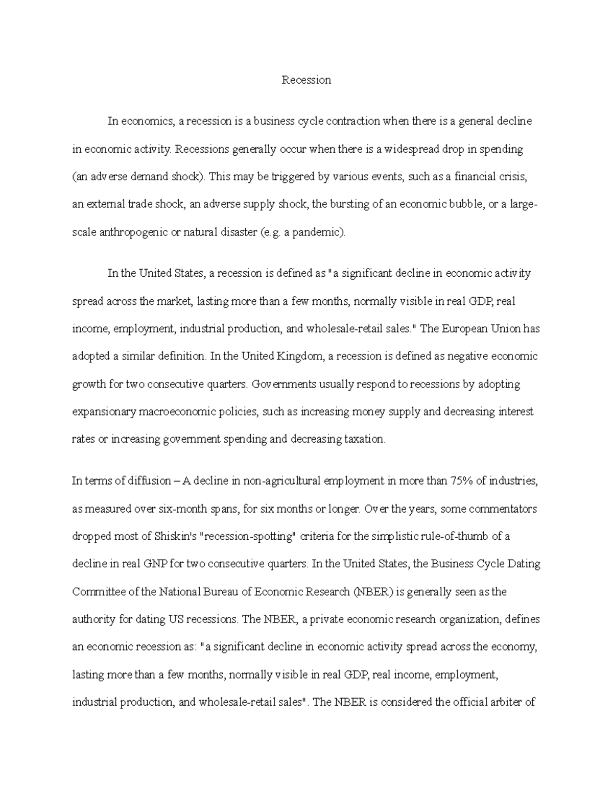Recession - Recession In economics, a recession is a business cycle ...