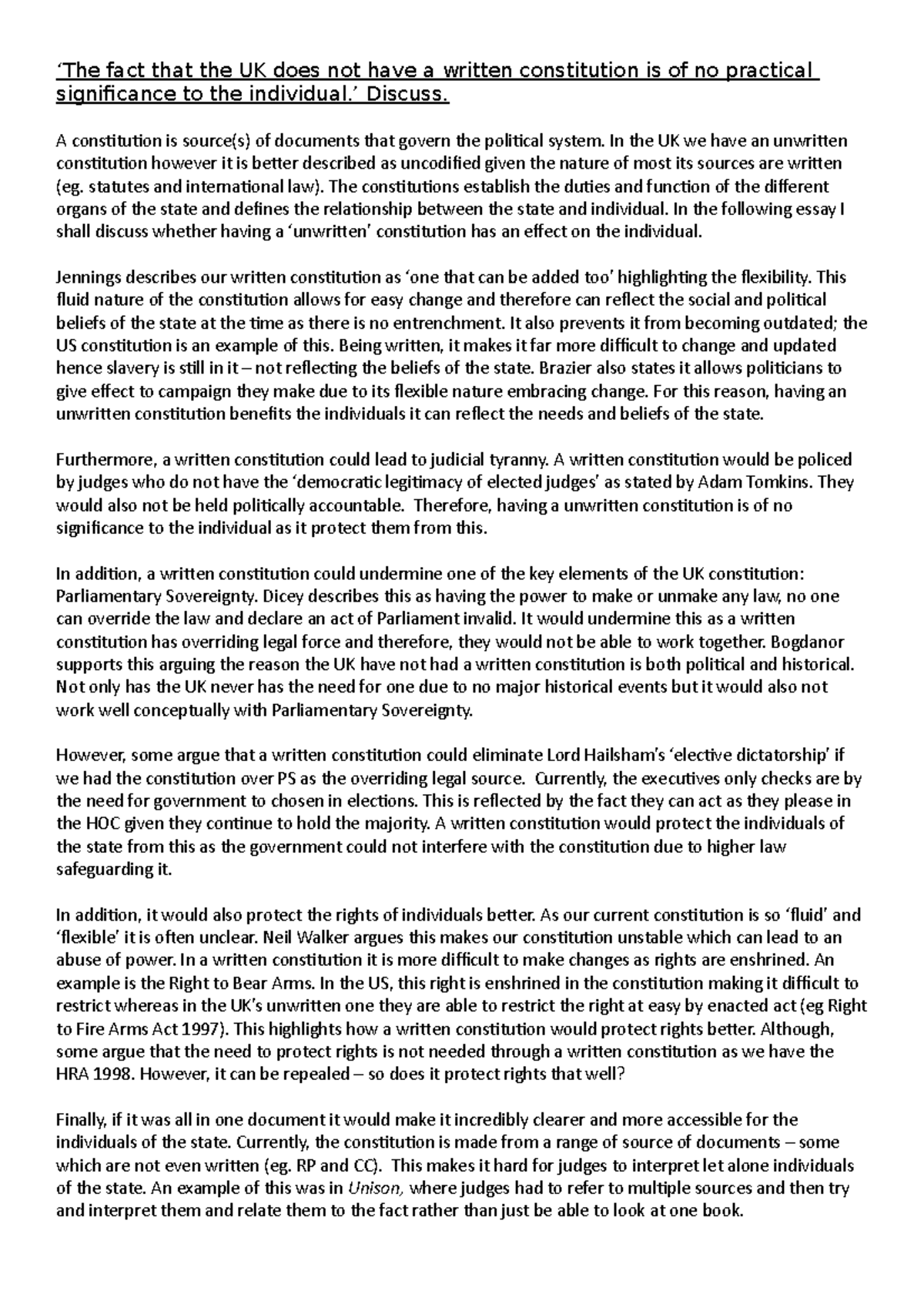 C&A Essay 1 ‘The fact that the UK does not have a written