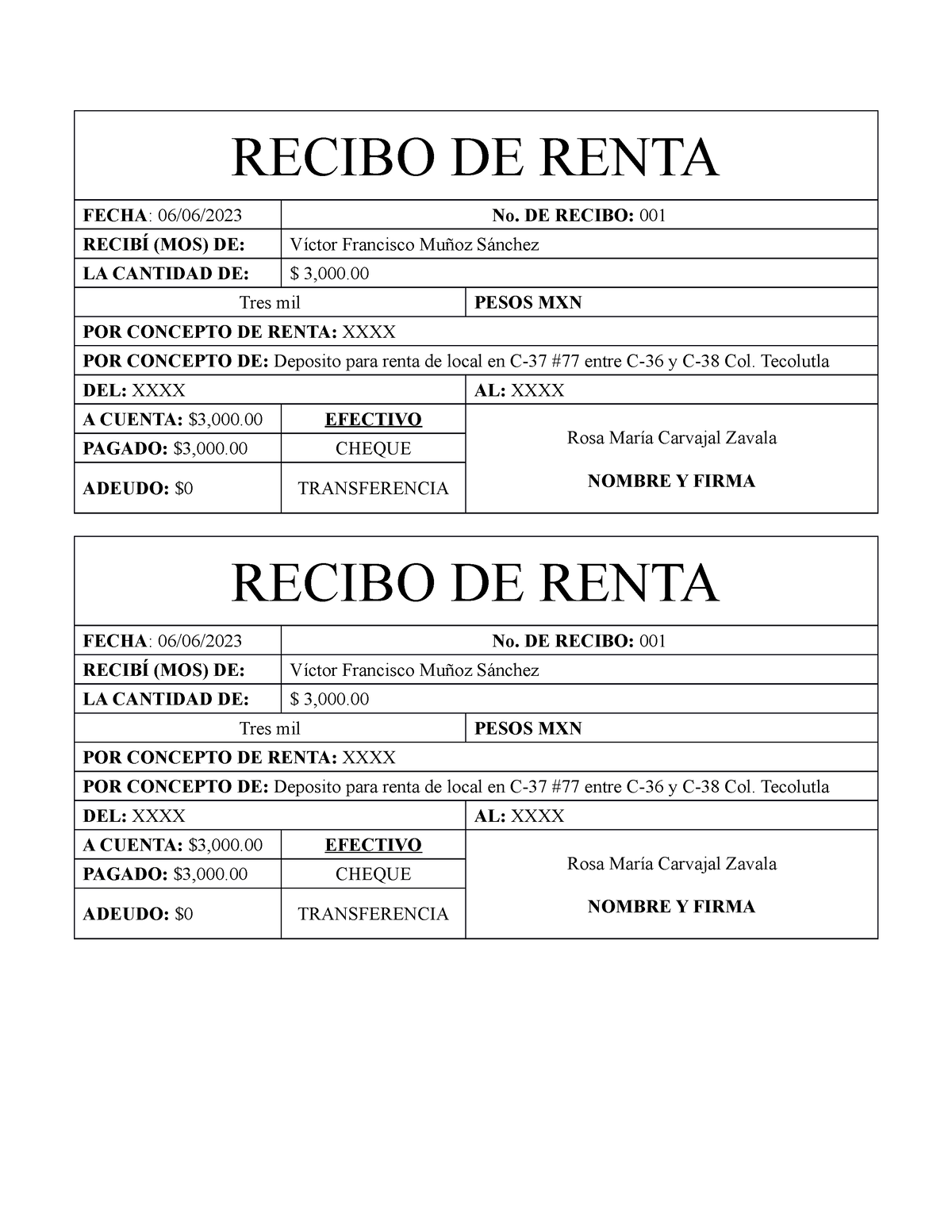 Ejemplo Recibo De Renta Recibo De Renta Fecha 06062023 No De Recibo 001 RecibÍ Mos De 4524