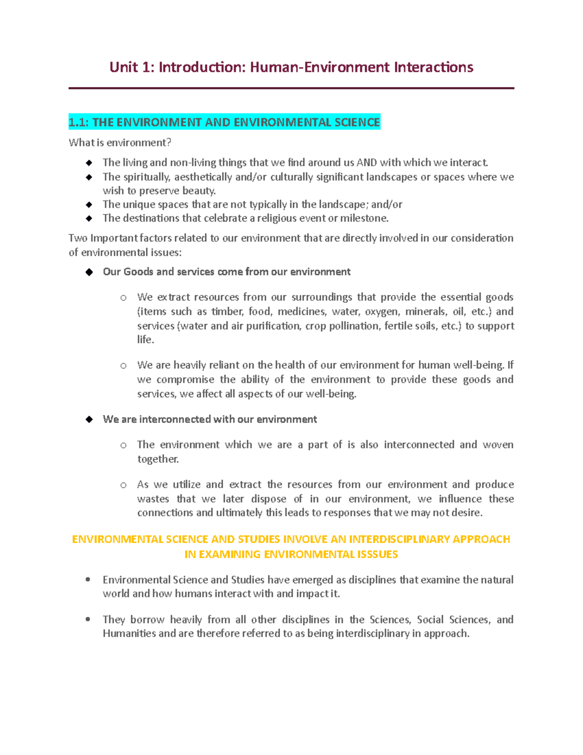 Unit 1 - ENVR 1000 - Unit 1 Introduction: Human- Environmental ...