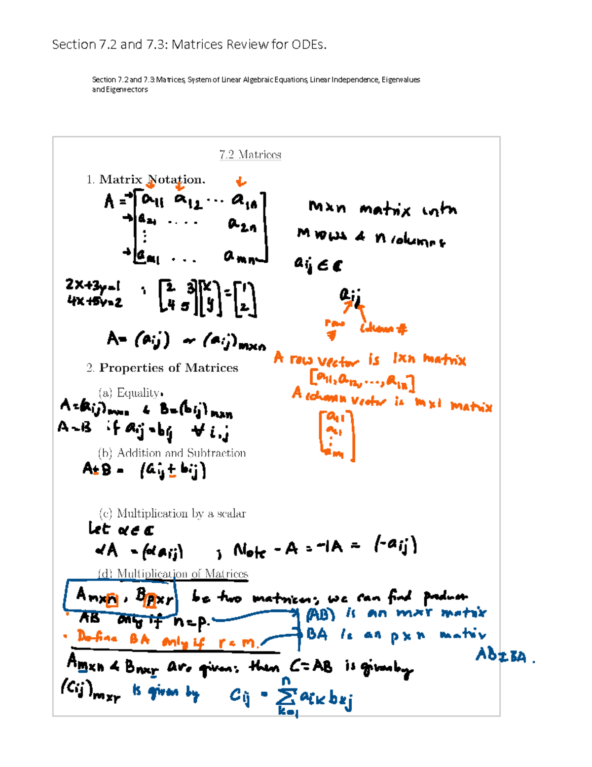 7 - lecture notes - MATH 260 - ^ĞĐƚŝŽŶ ϳ͘Ϯ ĂŶĚ ϳ͘ϯ͗DĂƚƌŝĐĞƐ͕ ^LJƐƚĞŵ ŽĨ ...