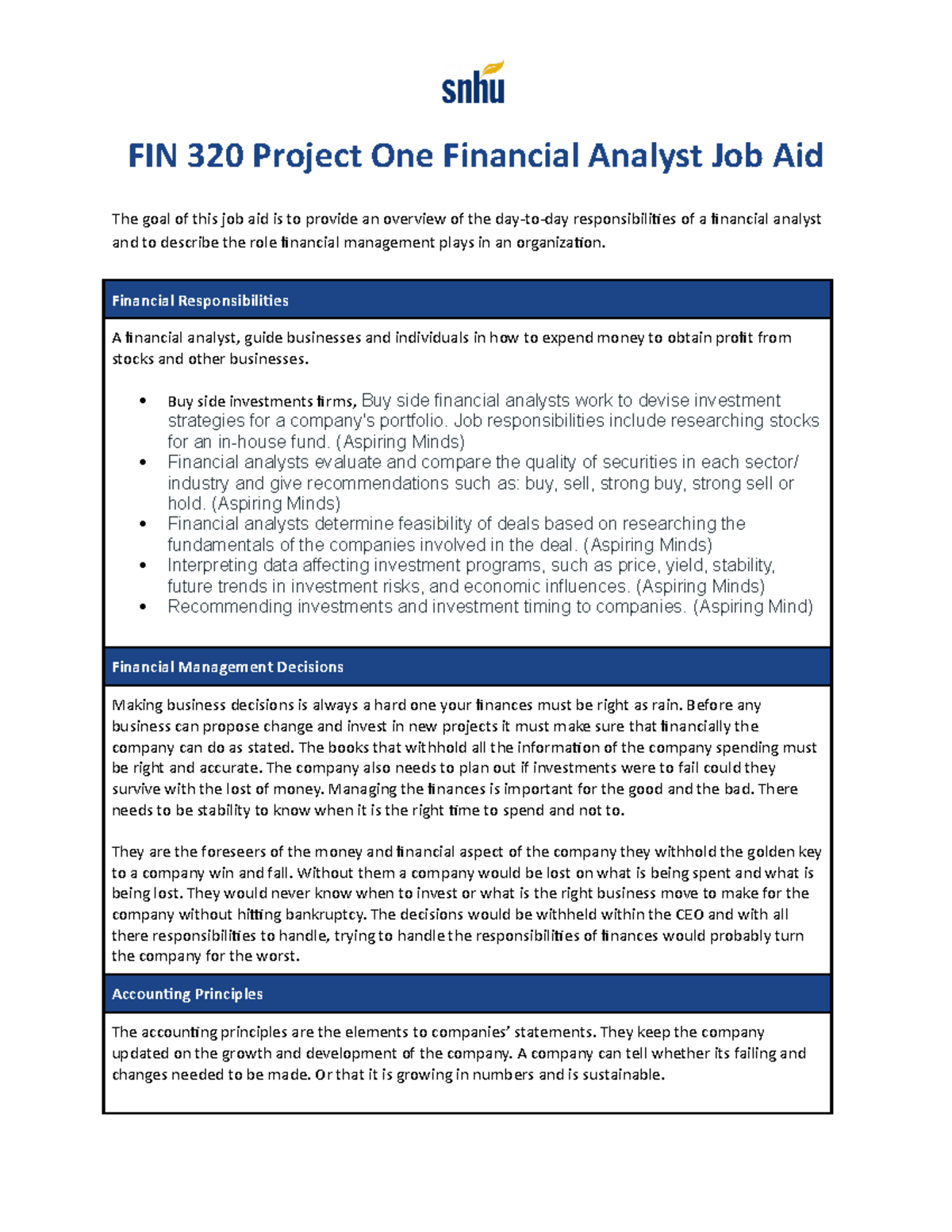 FIN 320 Project One Financial Analyst Job Aid - Financial ...