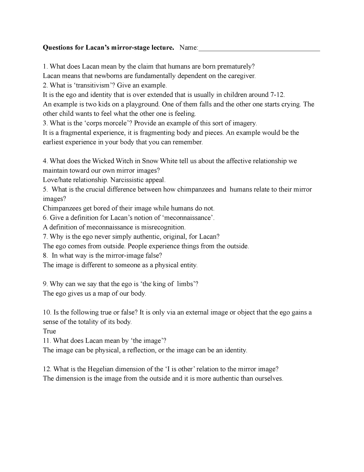 Mirror Stage Worksheet Questions for Lacan s mirror stage lecture