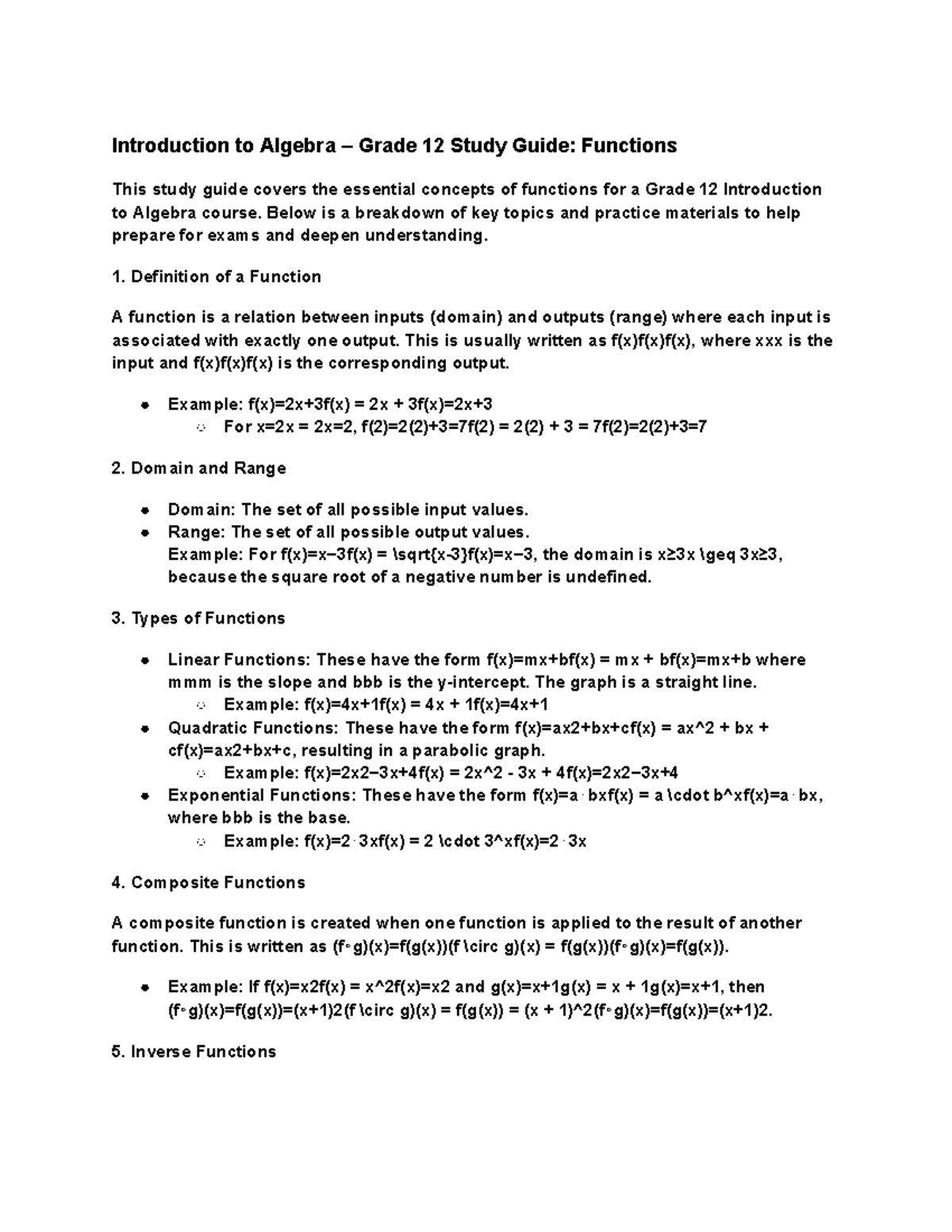 functions study guide fake - Introduction to Algebra – Grade 12 Study ...