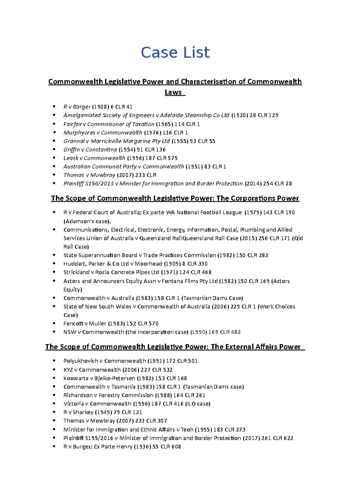 Case List - Case list - Case List Commonwealth Legislative Power and ...