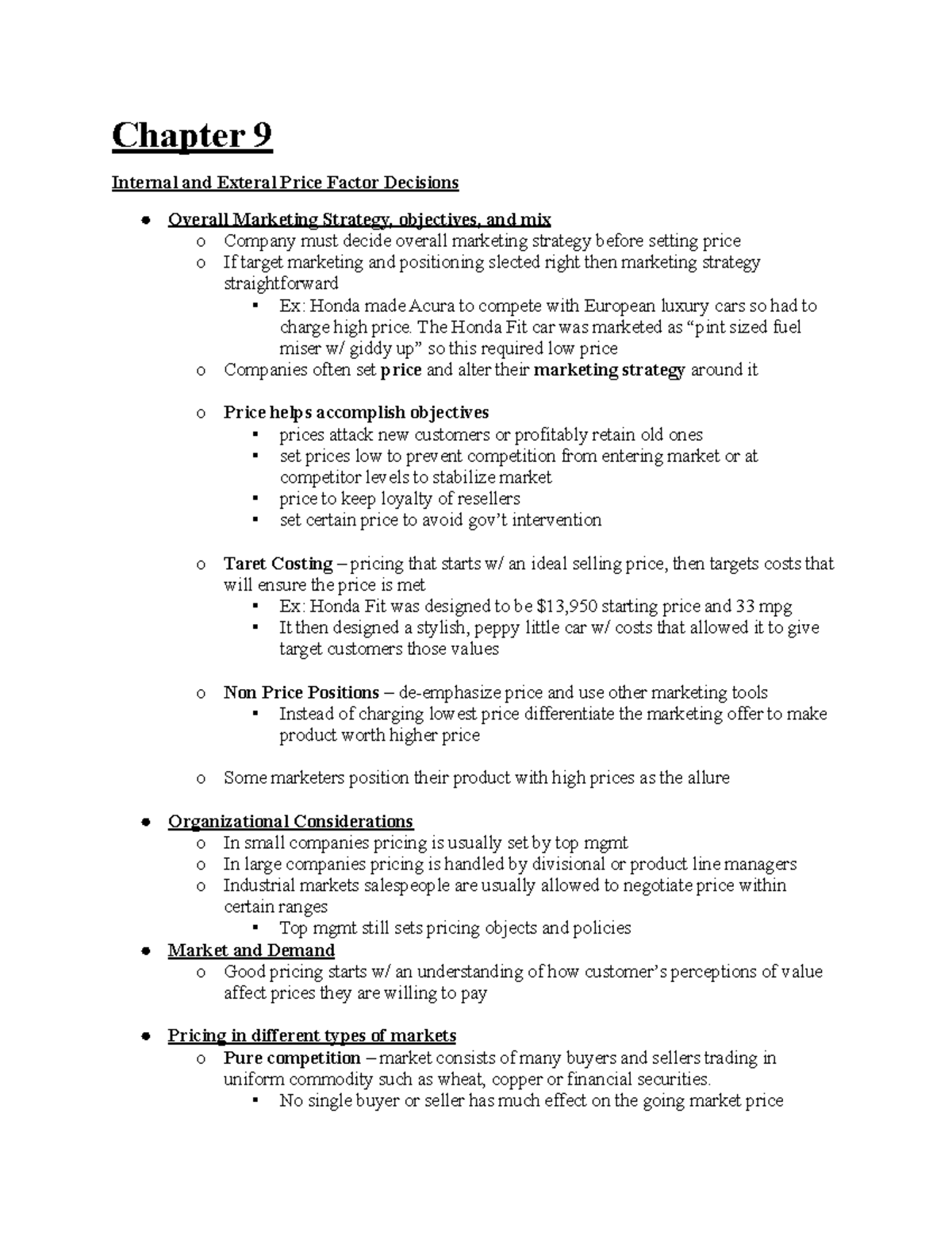 BUAD301 Final review notes - Chapter 9 Internal and Exteral Price ...
