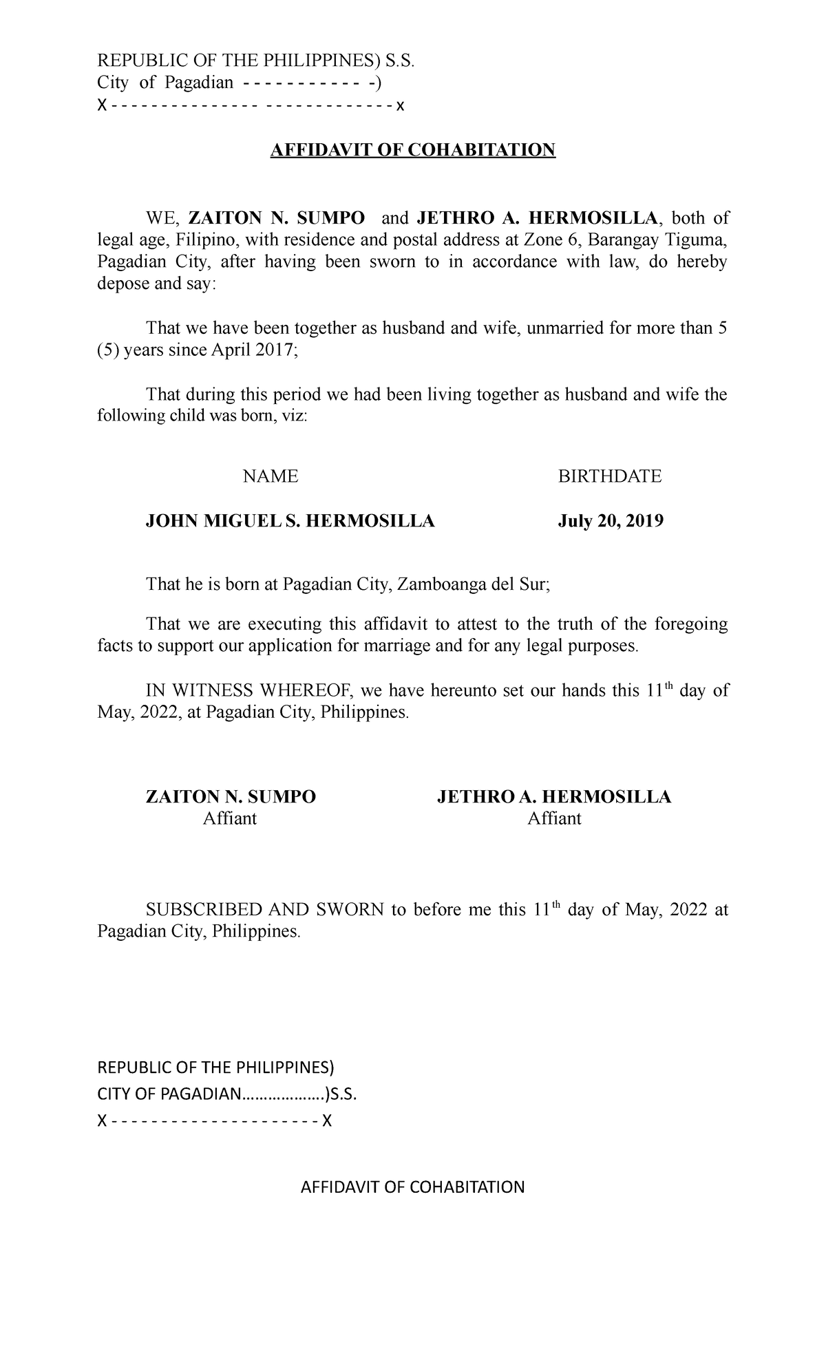 Affidavit of Cohabitation - REPUBLIC OF THE PHILIPPINES) S. City of ...