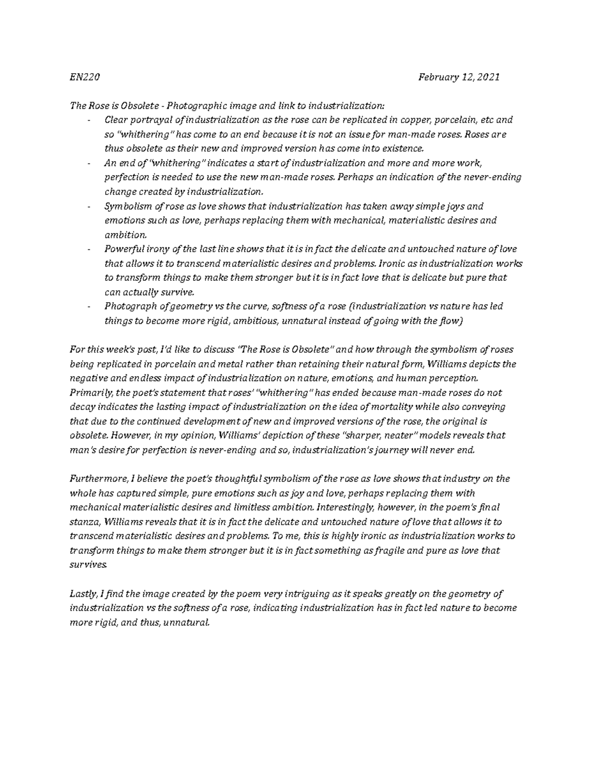 EN220 Post 2 Work for Dr. Matthews class EN220 February 12, 2021