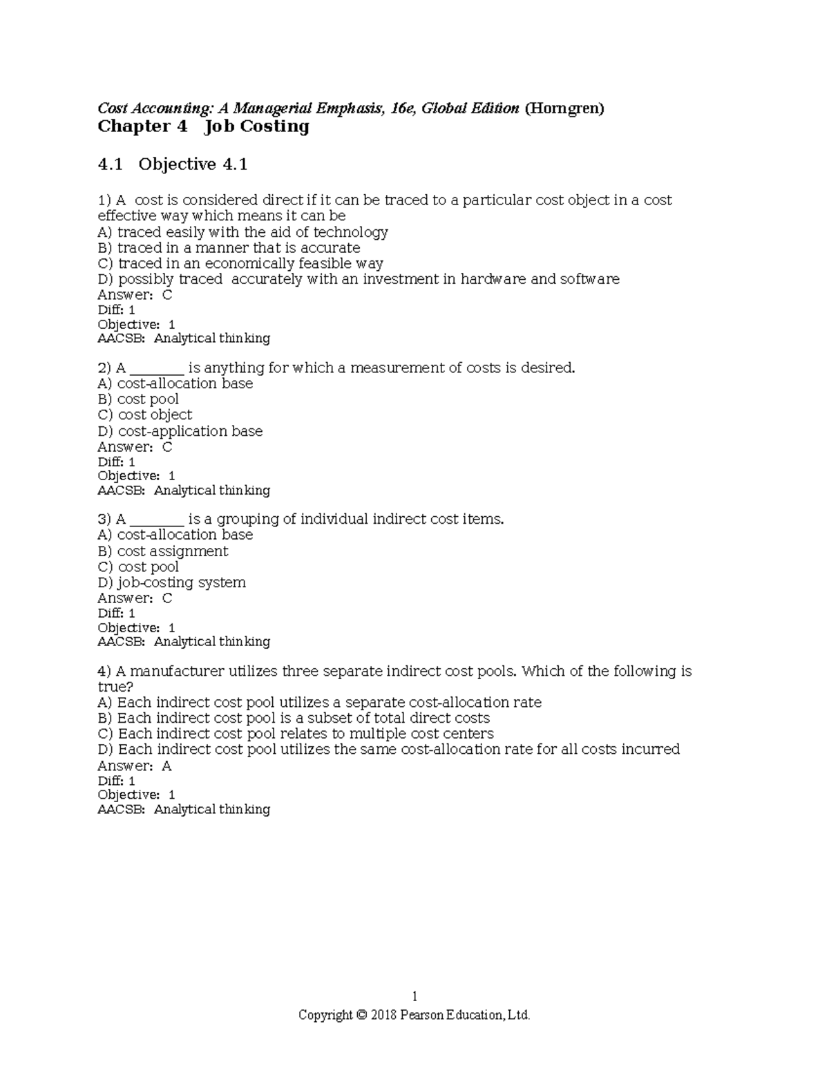 Chapter 4 - MCQ - Cost Accounting: A Managerial Emphasis, 16e, Global ...