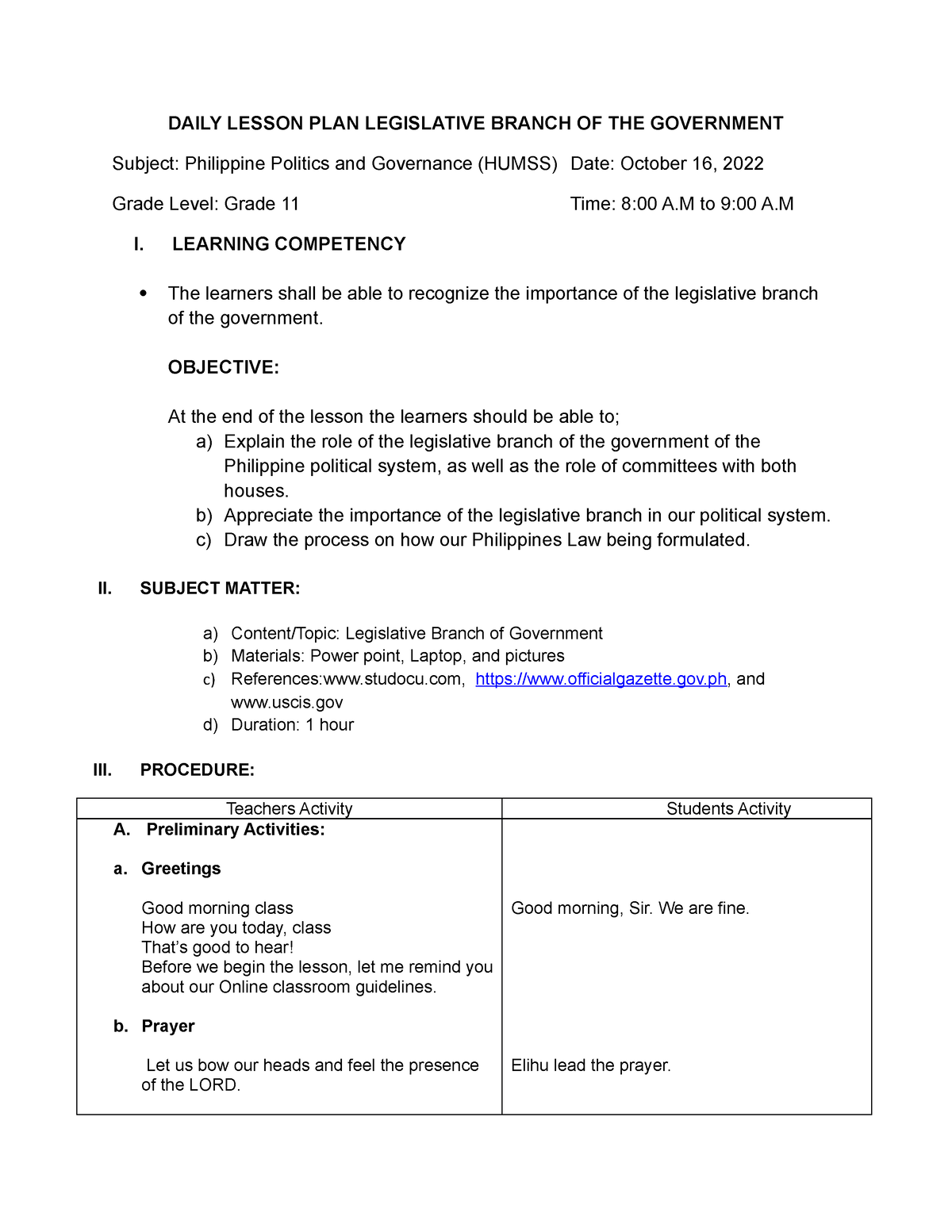 Daily Lesson Plan Final Daily Lesson Plan Legislative Branch Of The Government Subject 3959