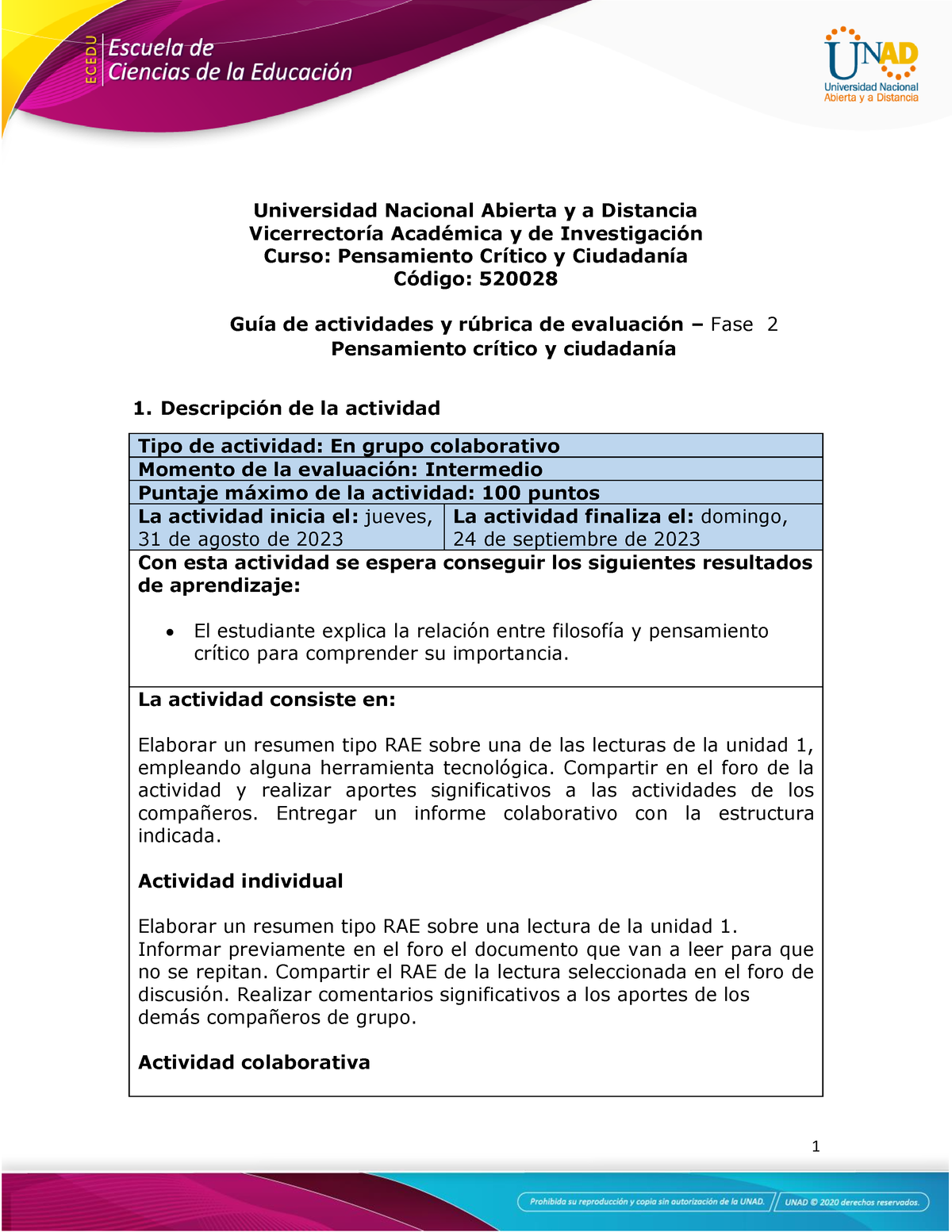 Gu A De Actividades Y R Brica De Evaluaci N Unidad Fase Pensamiento Cr Tico Y Studocu