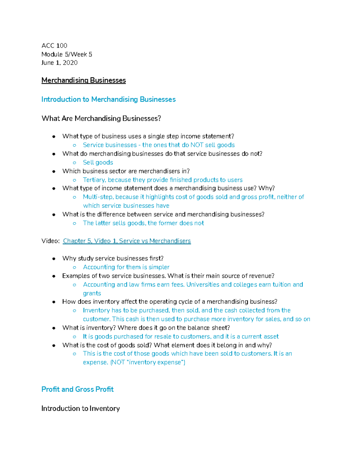 Module 5 Week 5 - notes for ACC 100 - ACC 100 Module 5/Week 5 June 1 ...