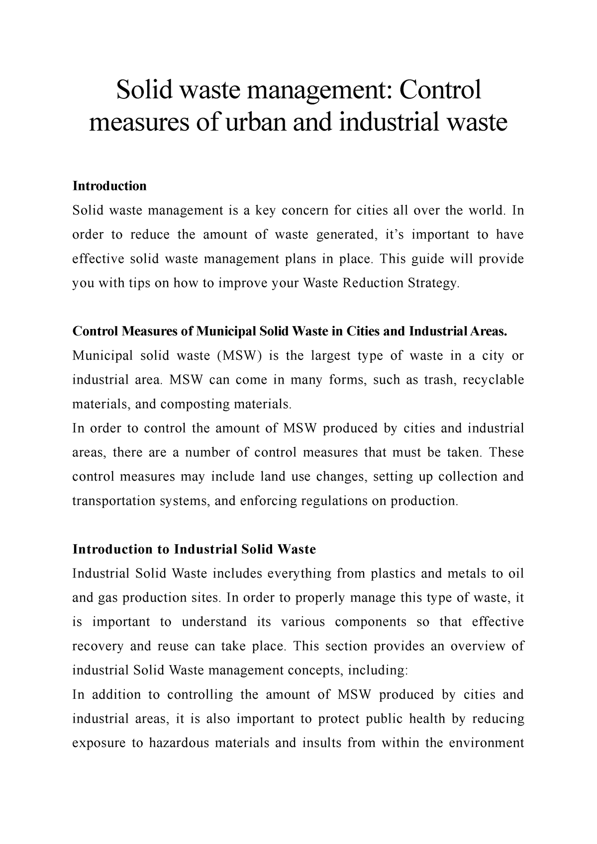 Solid Waste Management Control Measures Of Urban And Industrial Waste