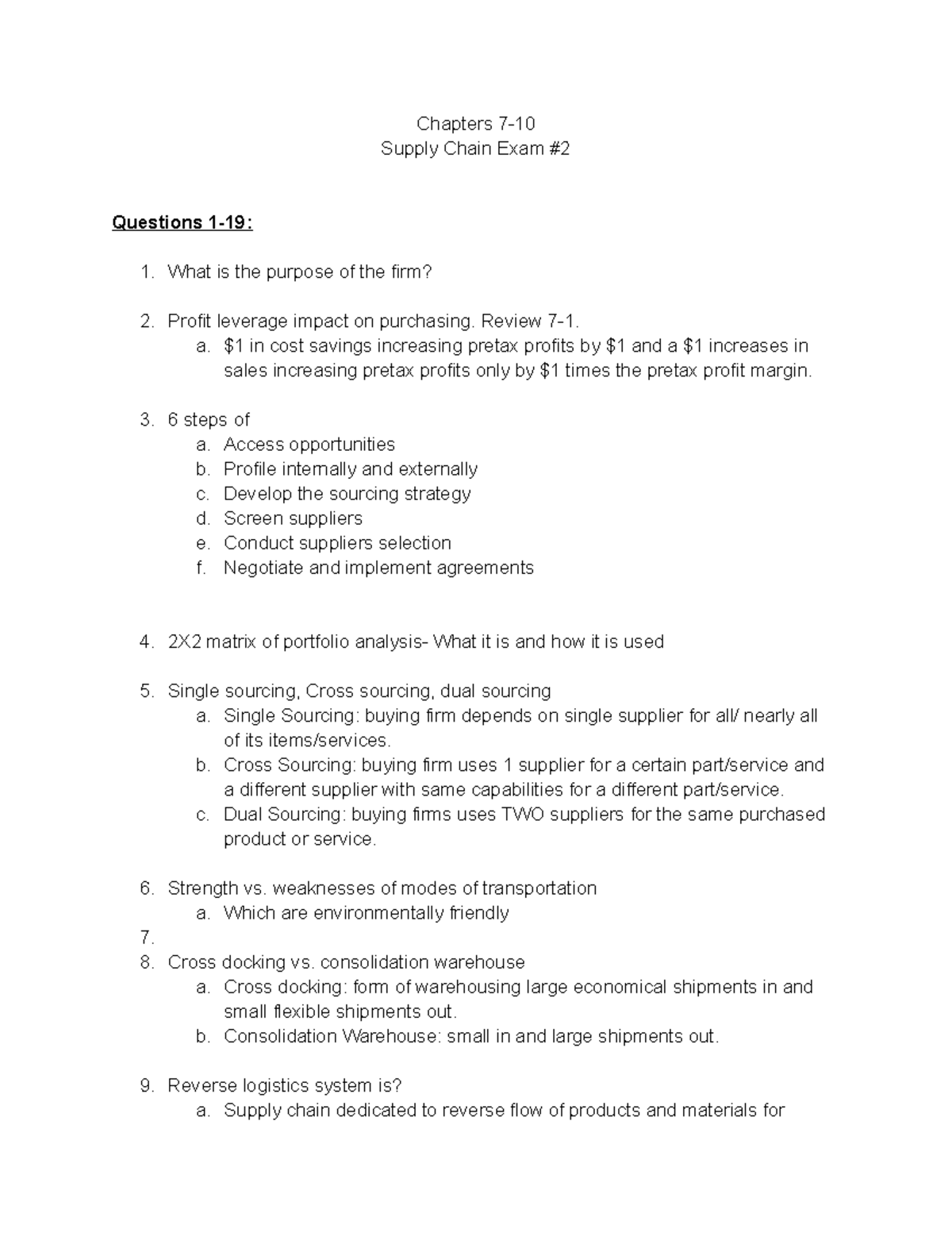 GSC Study Guide Final - Chapters 7-10 Supply Chain Exam #2 Questions 1 ...