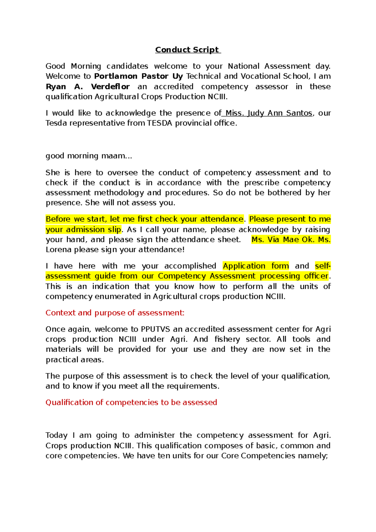 Conduct Scipt -Sample 3 - Conduct Script Good Morning candidates ...