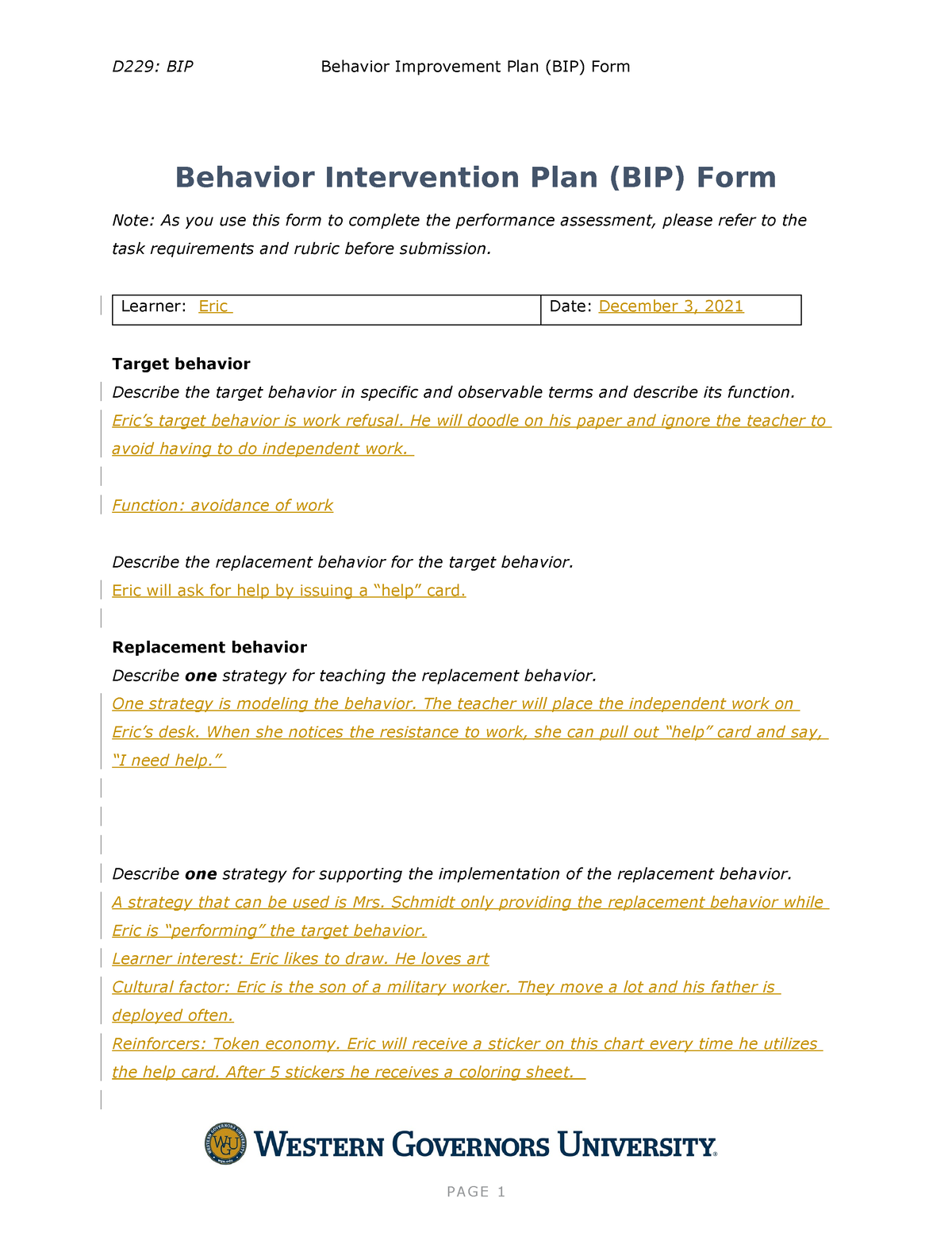 Behavior Intervention Plan (BIP) Form - Learner: Eric Date: December 3 ...