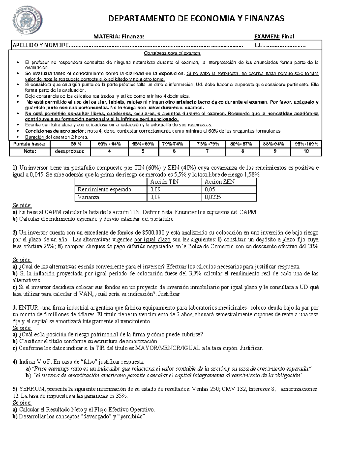 Final Finanzas Modelos - DEPARTAMENTO DE ECONOMIA Y FINANZAS MATERIA ...