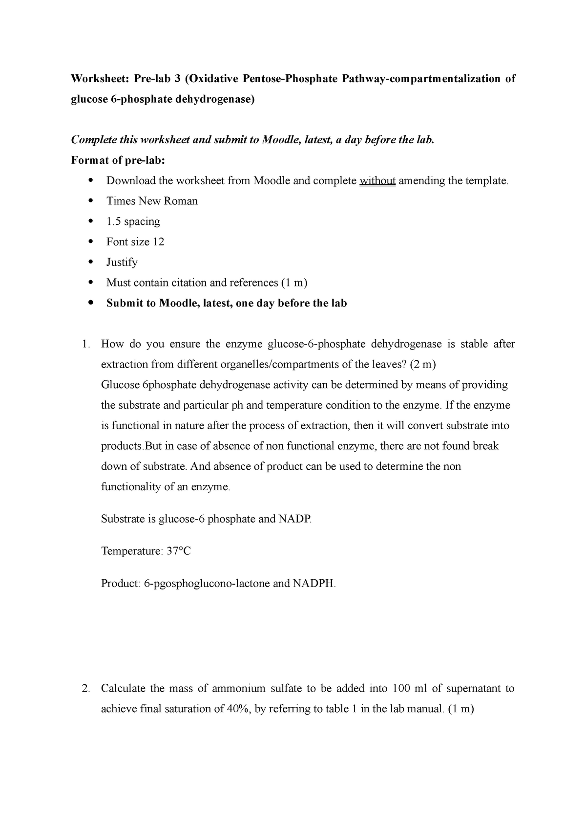 Worksheet: Pre-lab 3 (Oxidative Pentose-Phosphate Pathway ...