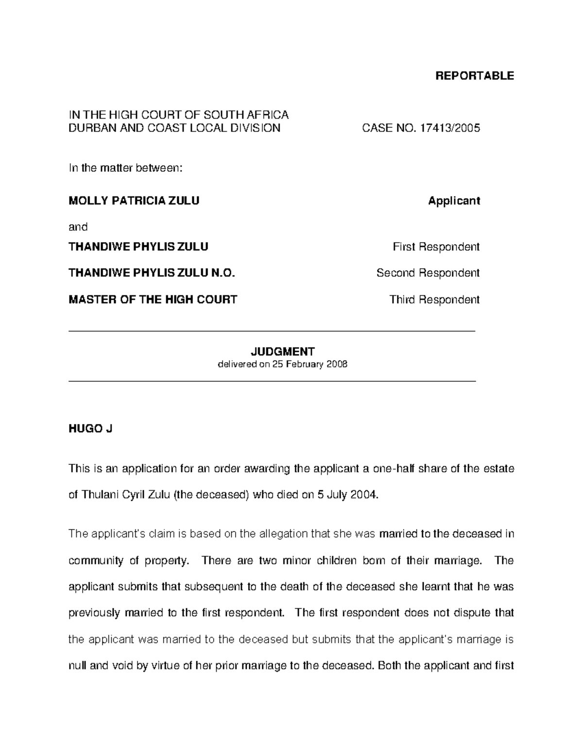 Zulu v Zulu - Judgement - REPORTABLE IN THE HIGH COURT OF SOUTH AFRICA ...