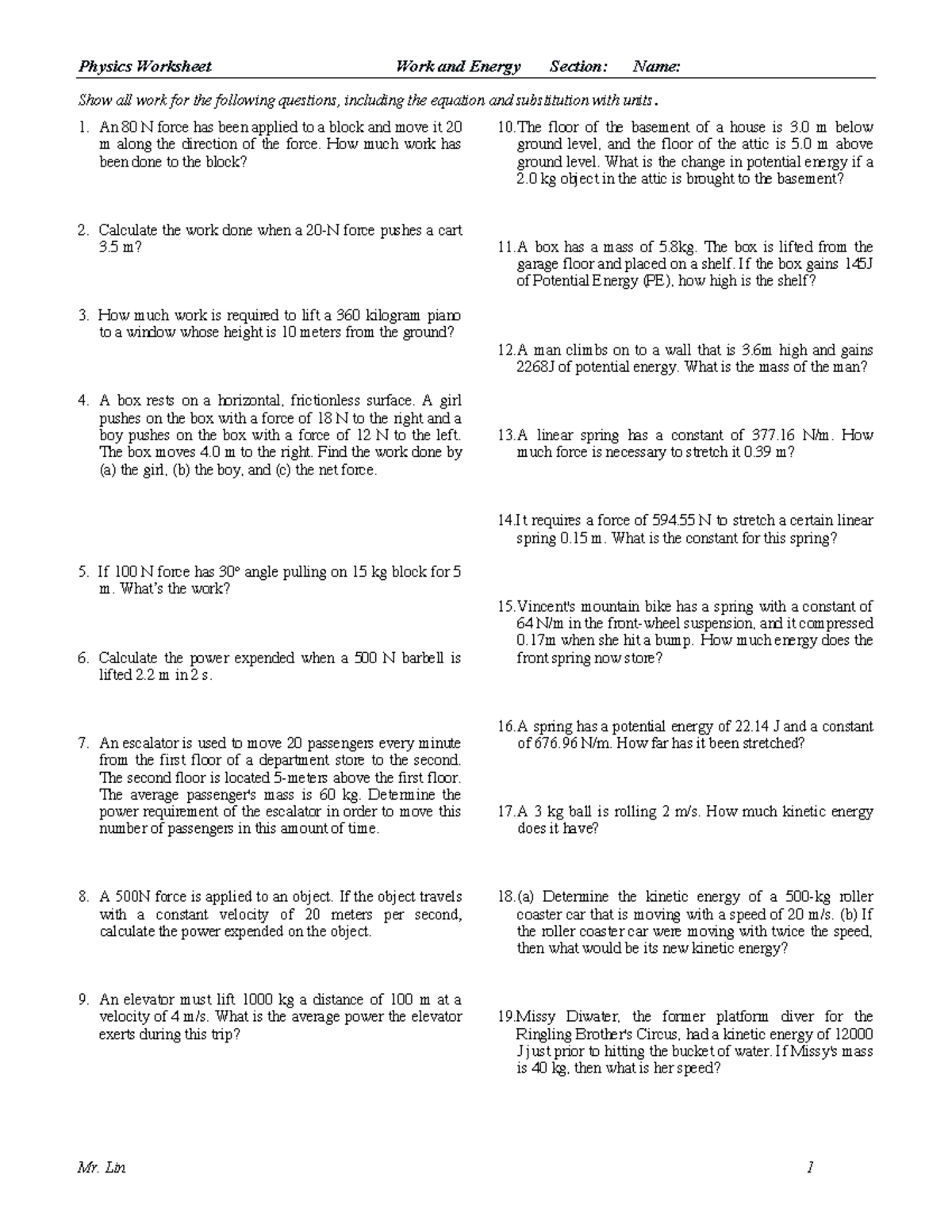 Work and Power WS That is Hard - Physics Worksheet Work and Energy ...