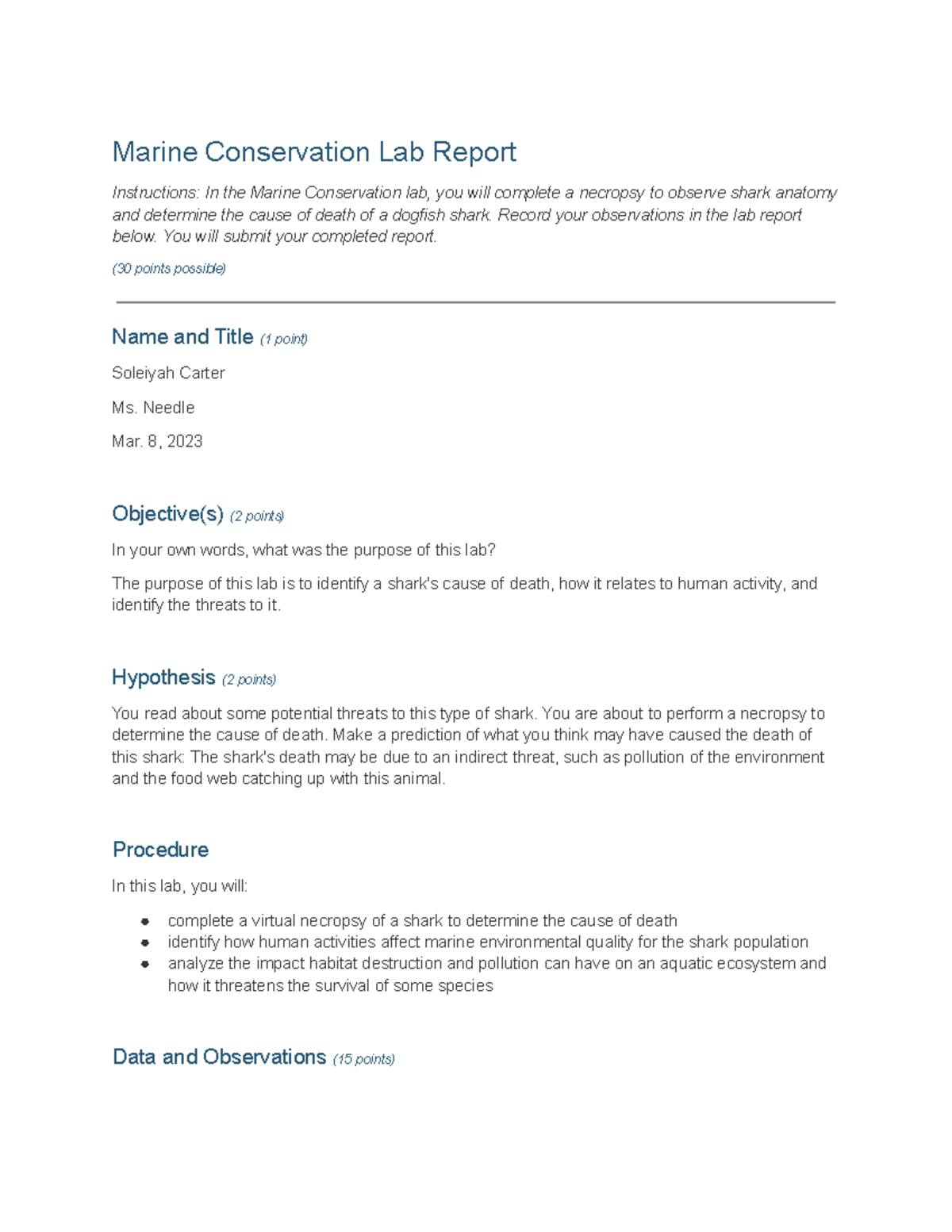 Marine Conservation Lab Report - Marine Conservation Lab Report