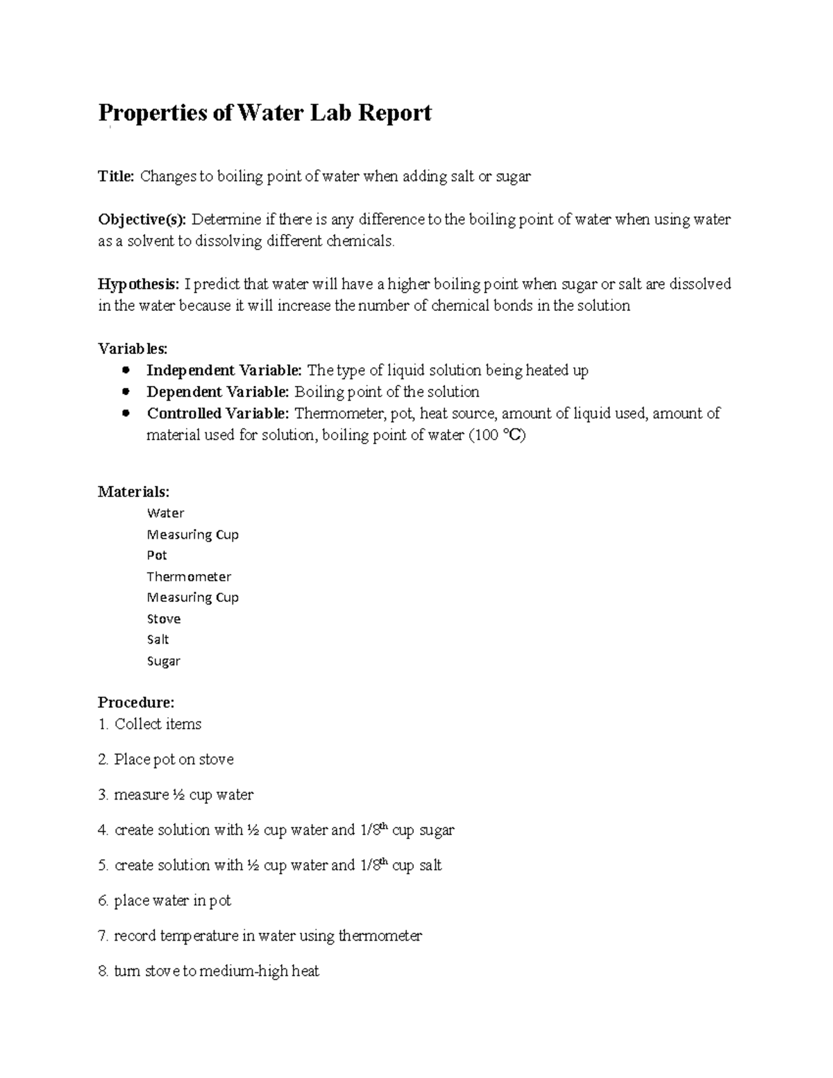 Water LAB Report Final Properties of Water Lab Report Title Changes