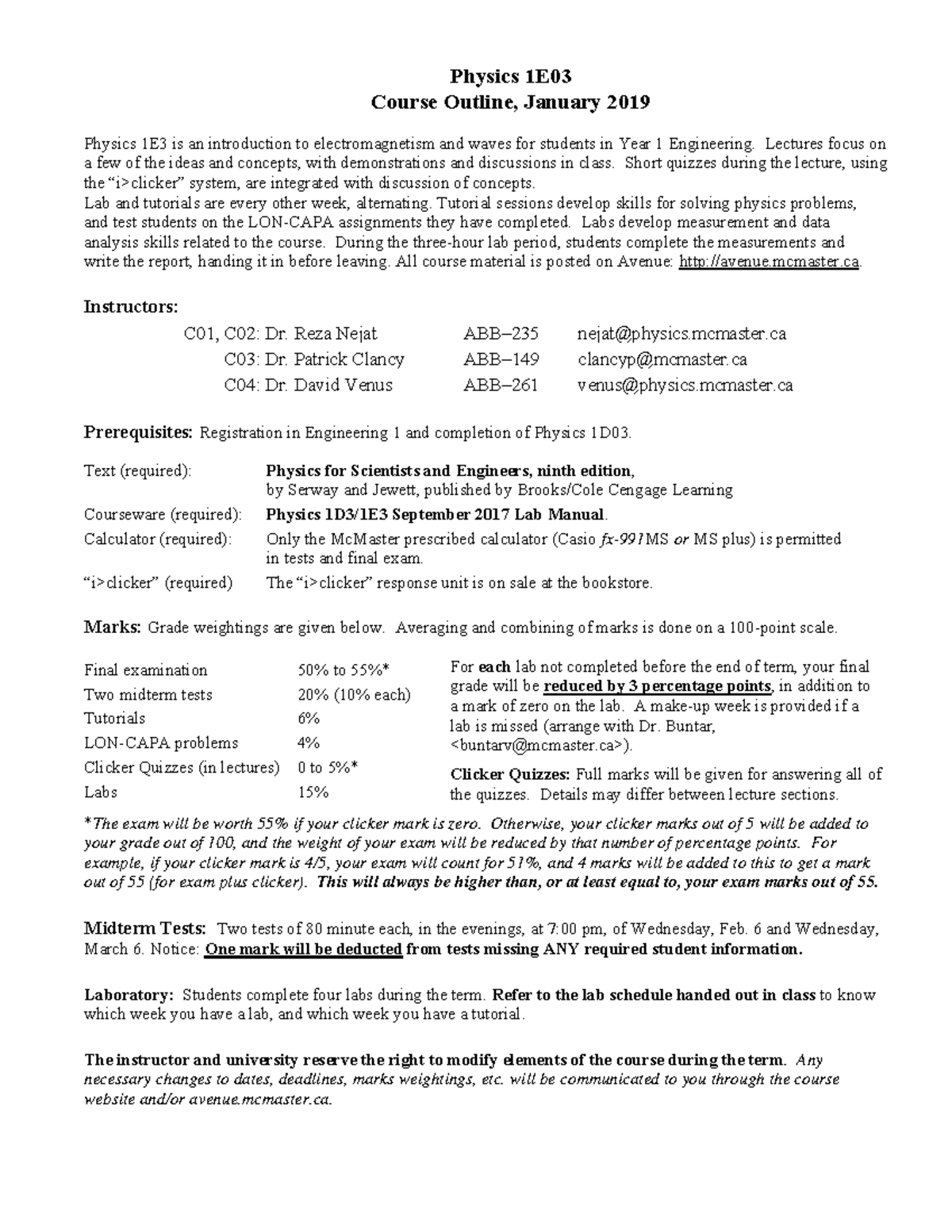 1e03 Outline 2019 1e03 Physics 1e Course Outline January 2019 1e03 Outline 2019 1e03 Physics 1e Course Outline January 2019