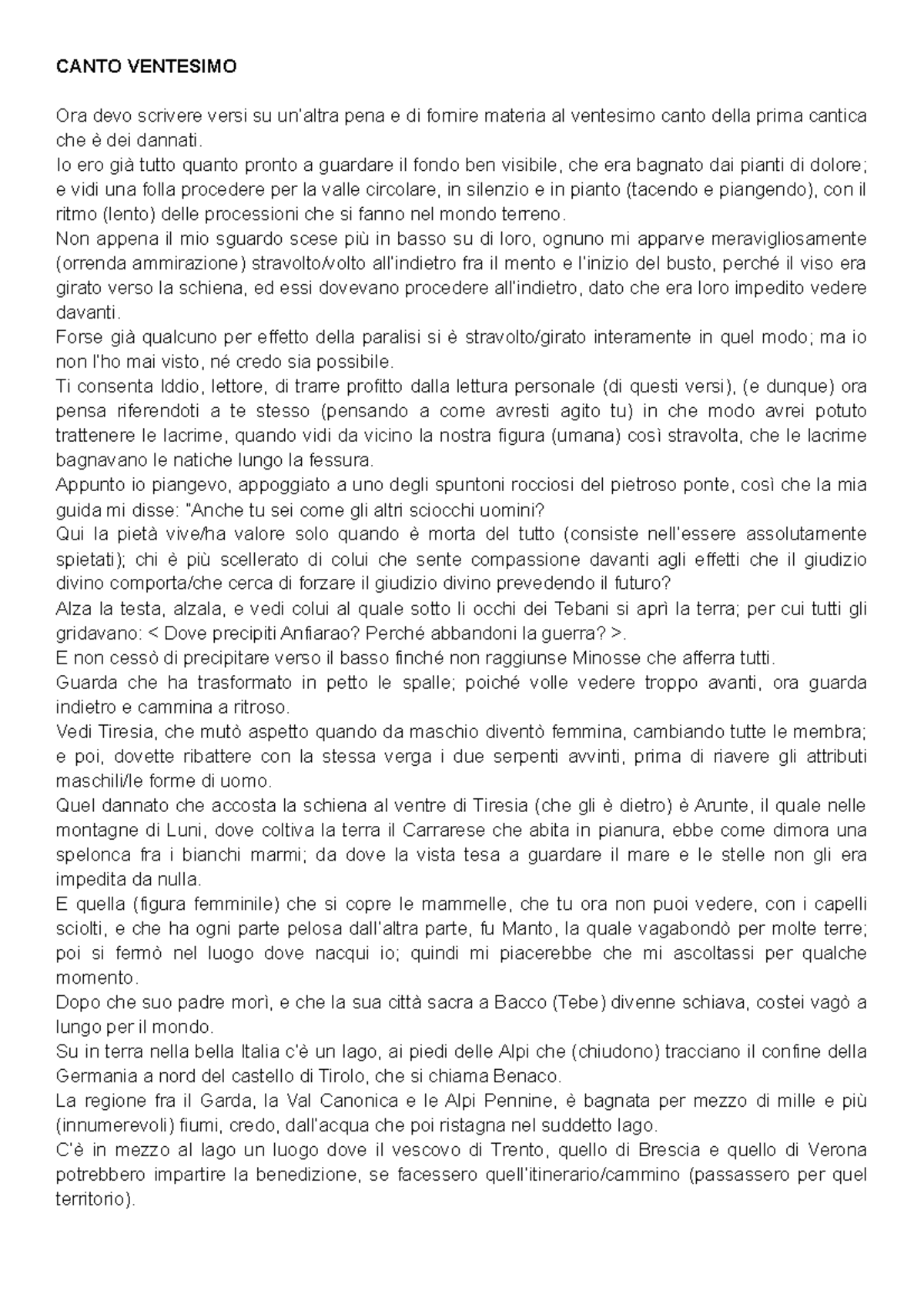 Inferno Parafrasi Canto 20 Divina Commedia CANTO VENTESIMO Ora devo