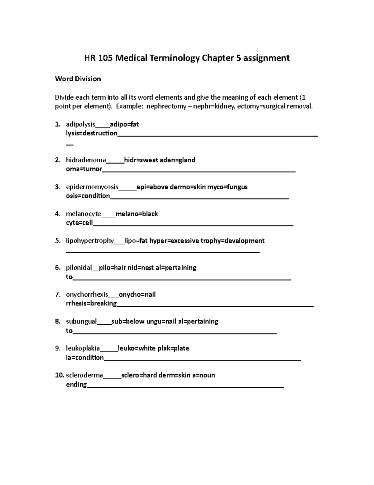 assignment 5 chapter homework medical terminology