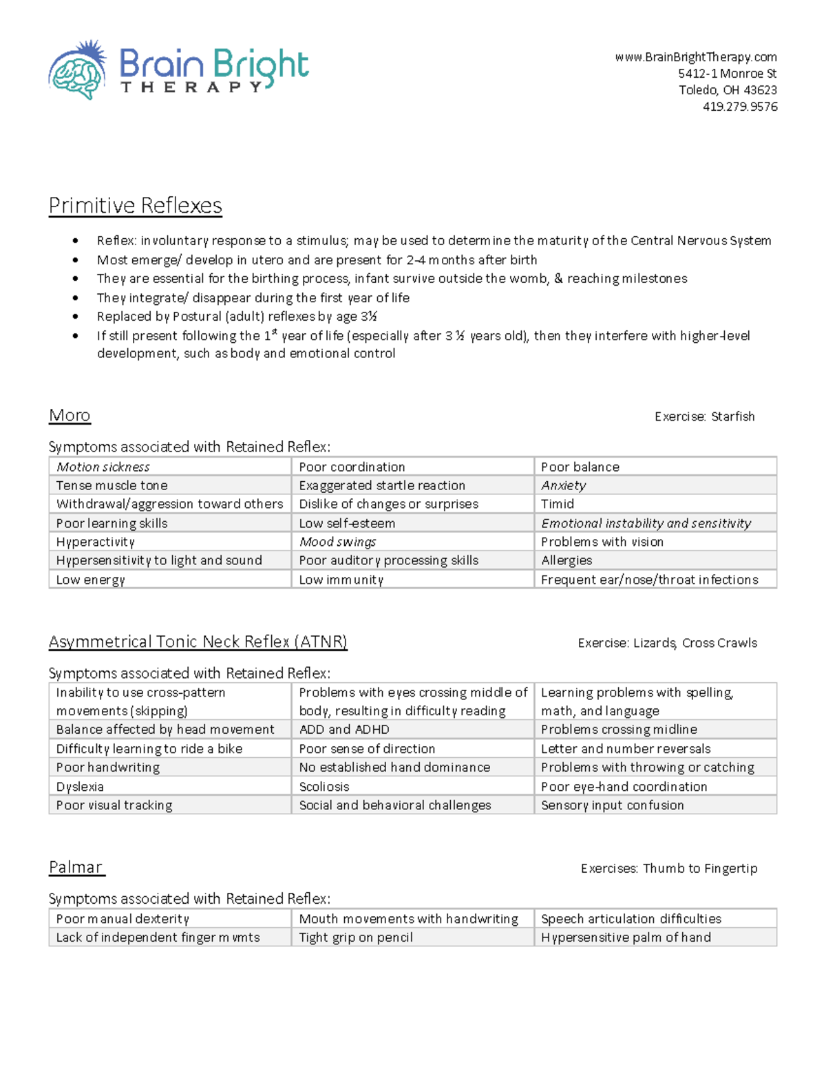 Primitive-Reflex-Handout symptoms - BrainBrightTherapy 5412-1 Monroe St ...