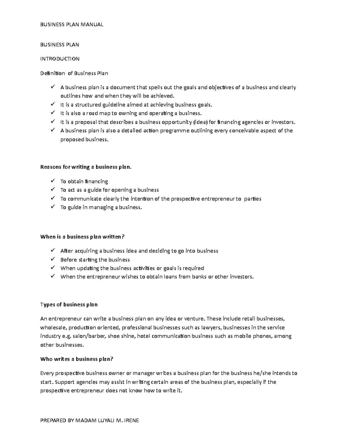 Notes in business under business plan - BUSINESS PLAN INTRODUCTION ...