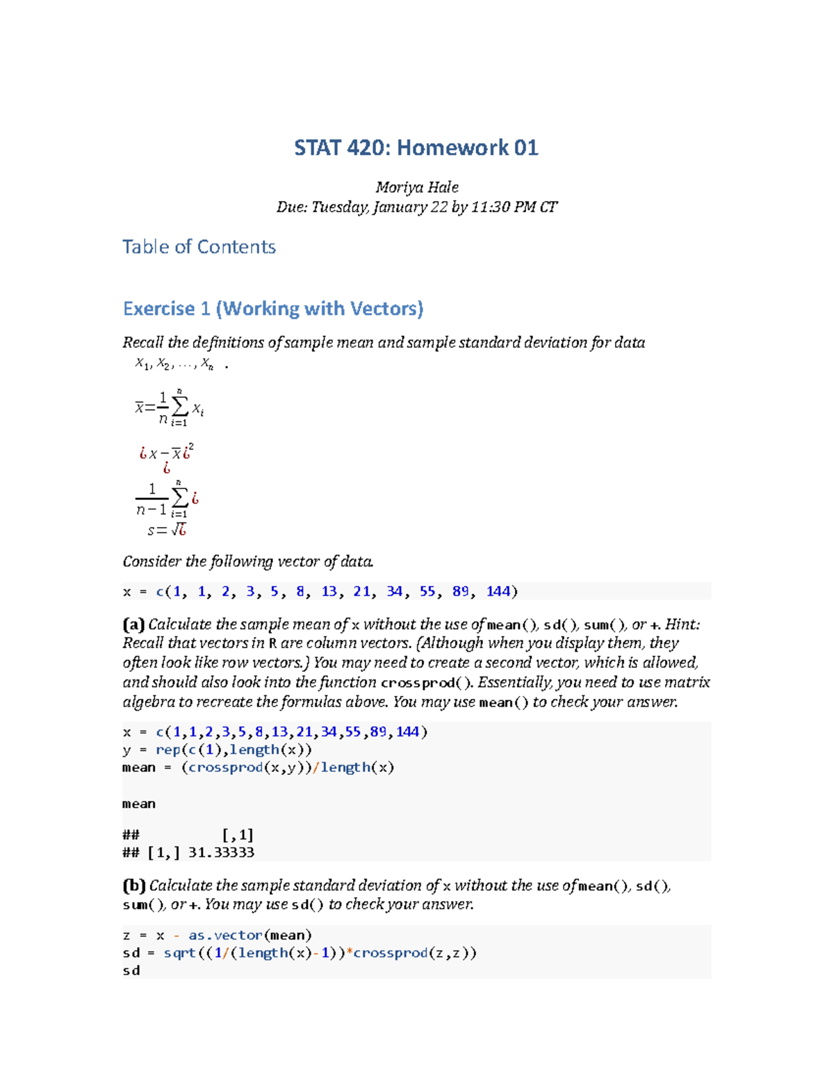 Stat 420 Homework 01, Work Assignment W/ Multiple Exercises - STAT 420 ...