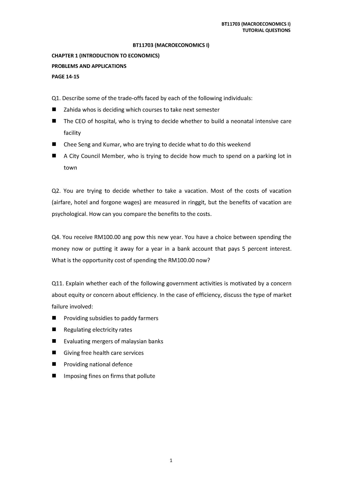 Bt11703 Tutorial Questions 1 And 2 Macro I Makroekonomi Ums Studocu