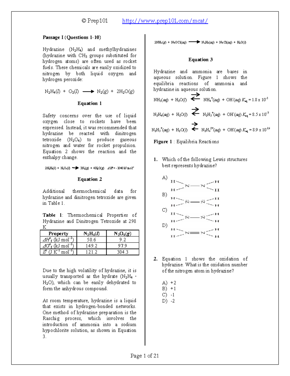 100-passage-based-Chemistry-Questions 095429 - Passage I (Questions 1 ...