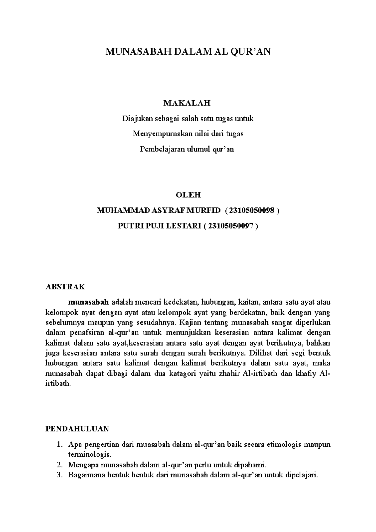 Munasabah Dalam AL QUR'AN - MUNASABAH DALAM AL QUR’AN MAKALAH Diajukan ...