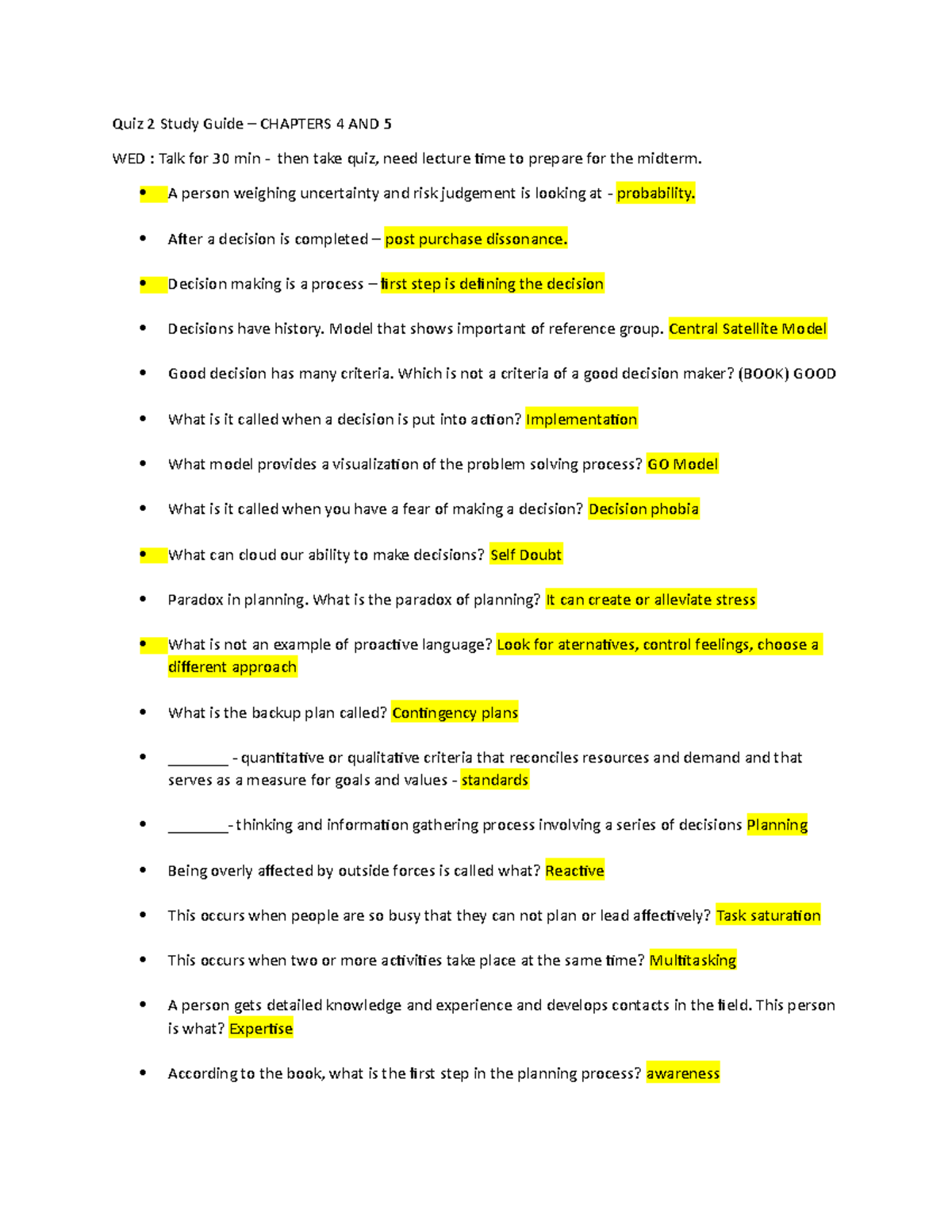 Quiz 2 Study Guide - Quiz 2 in class review - Quiz 2 Study Guide ...