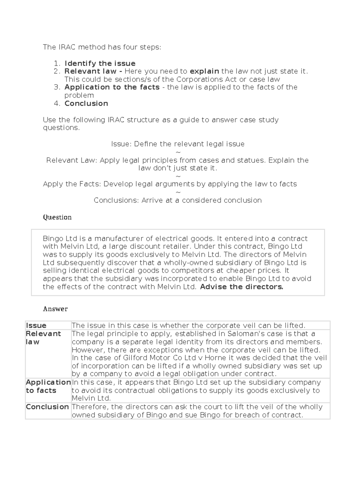 BSL165 EXAM Notes 2 - The IRAC method has four steps: 1. Identify the ...