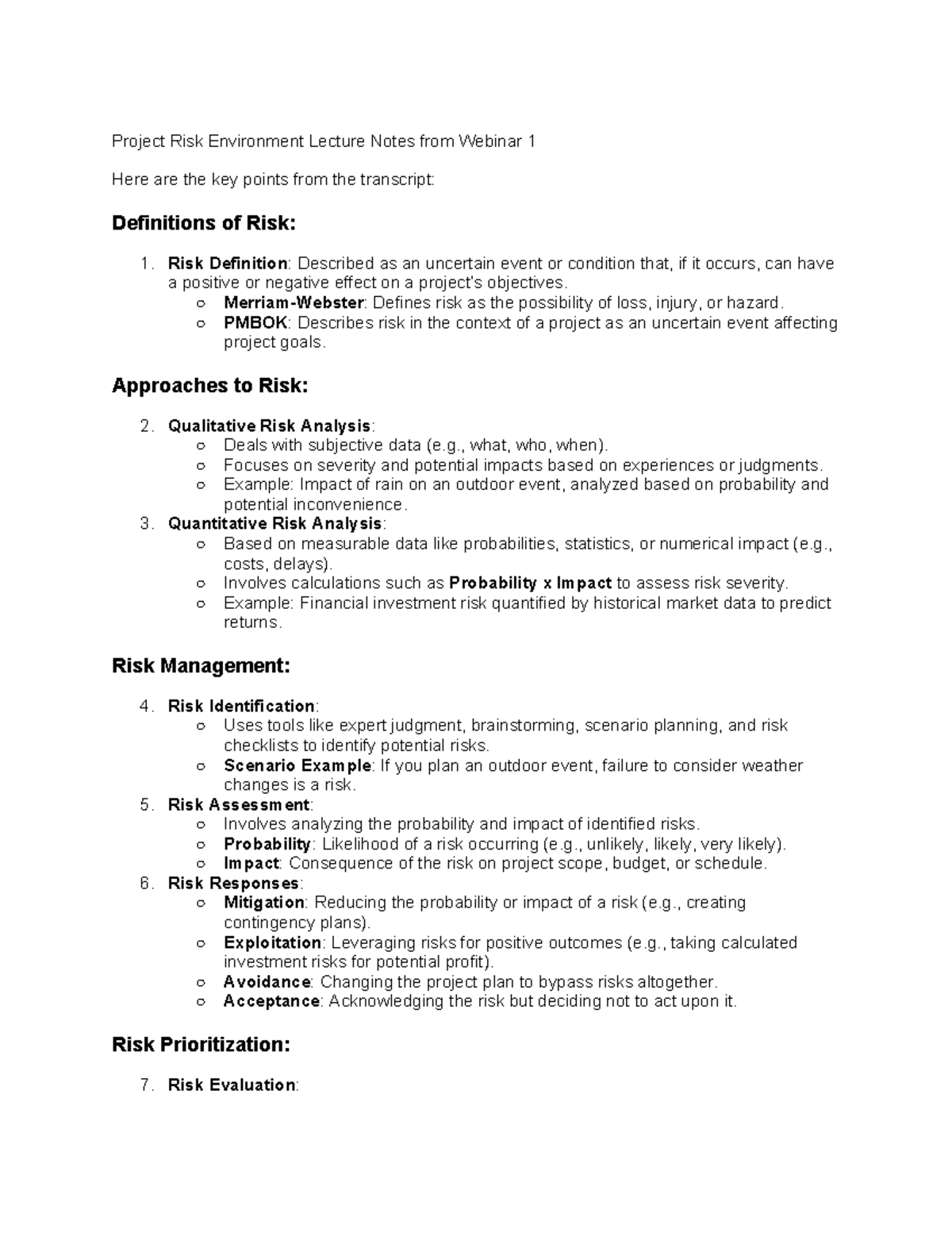 Project Risk Environment Lecture Notes from Webinar 1 - Merriam-Webster ...