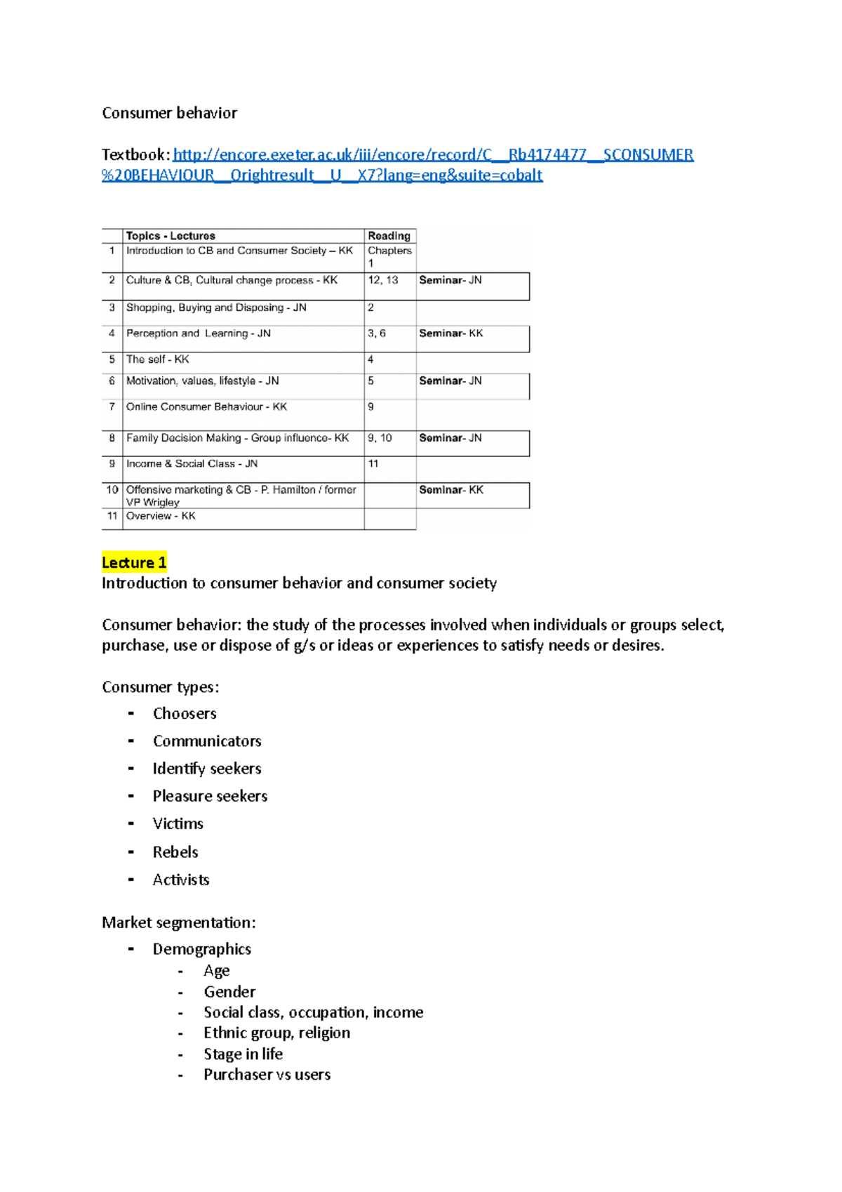 Lecture notes - Consumer behavior Textbook: - Studocu