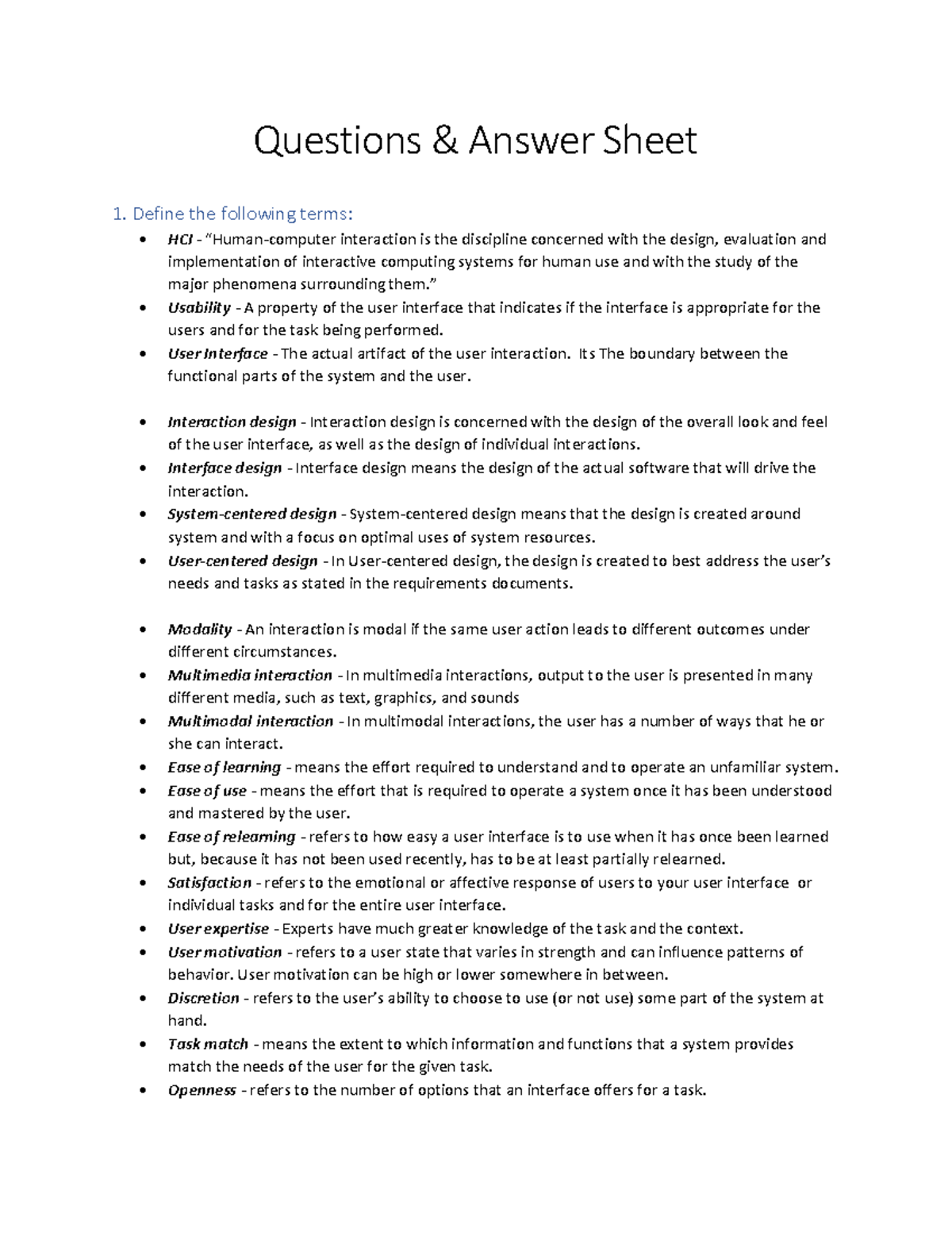HCI-Questions - Select Topic - Questions & Answer Sheet 1. Define the ...