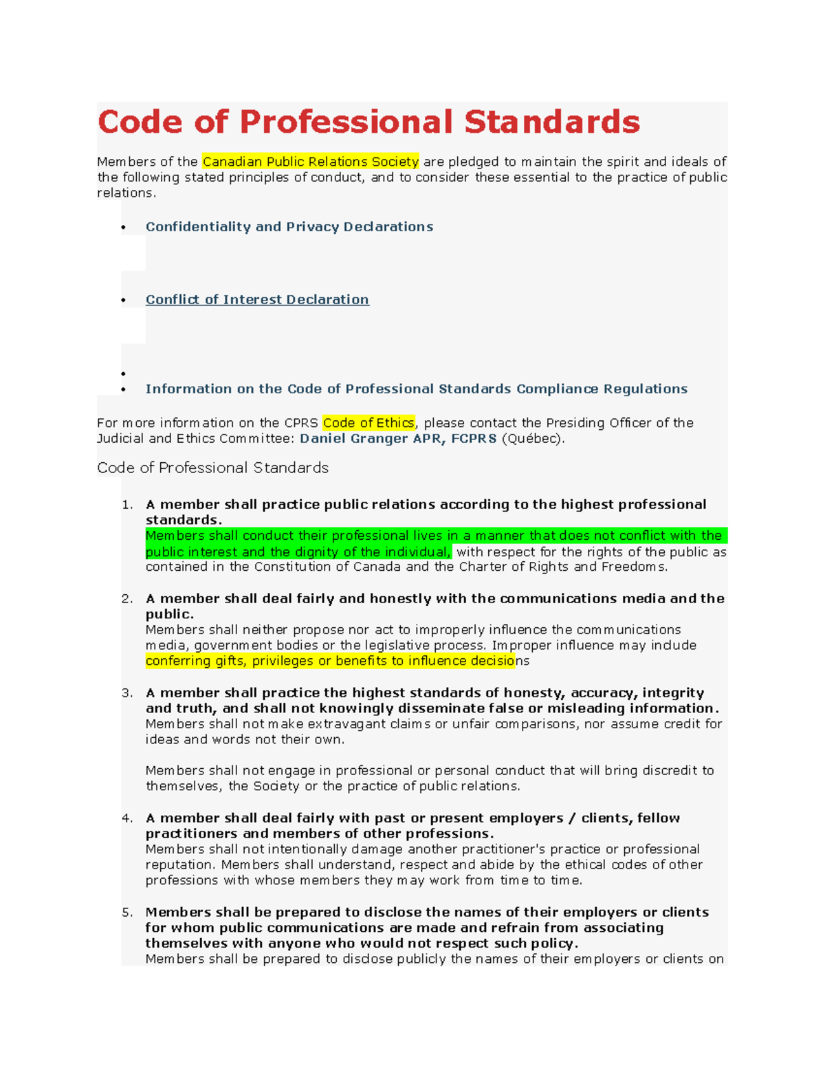 Comm 455 Chapter 1 Part E CPRS - Code of Professional Standards Members ...