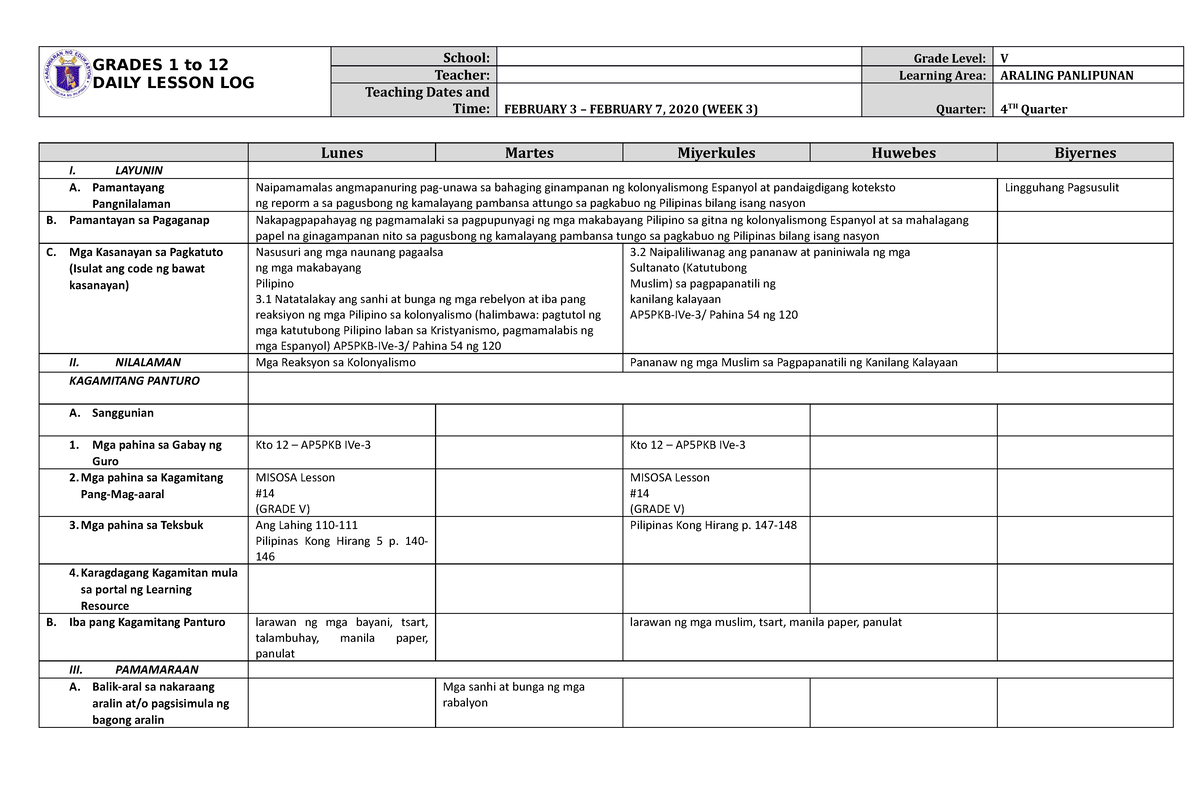 Grade 5 Dll Araling Panlipunan 5 Q4 Week 3 Grades 1 To 12 Daily Lesson Log School Grade Level 1136