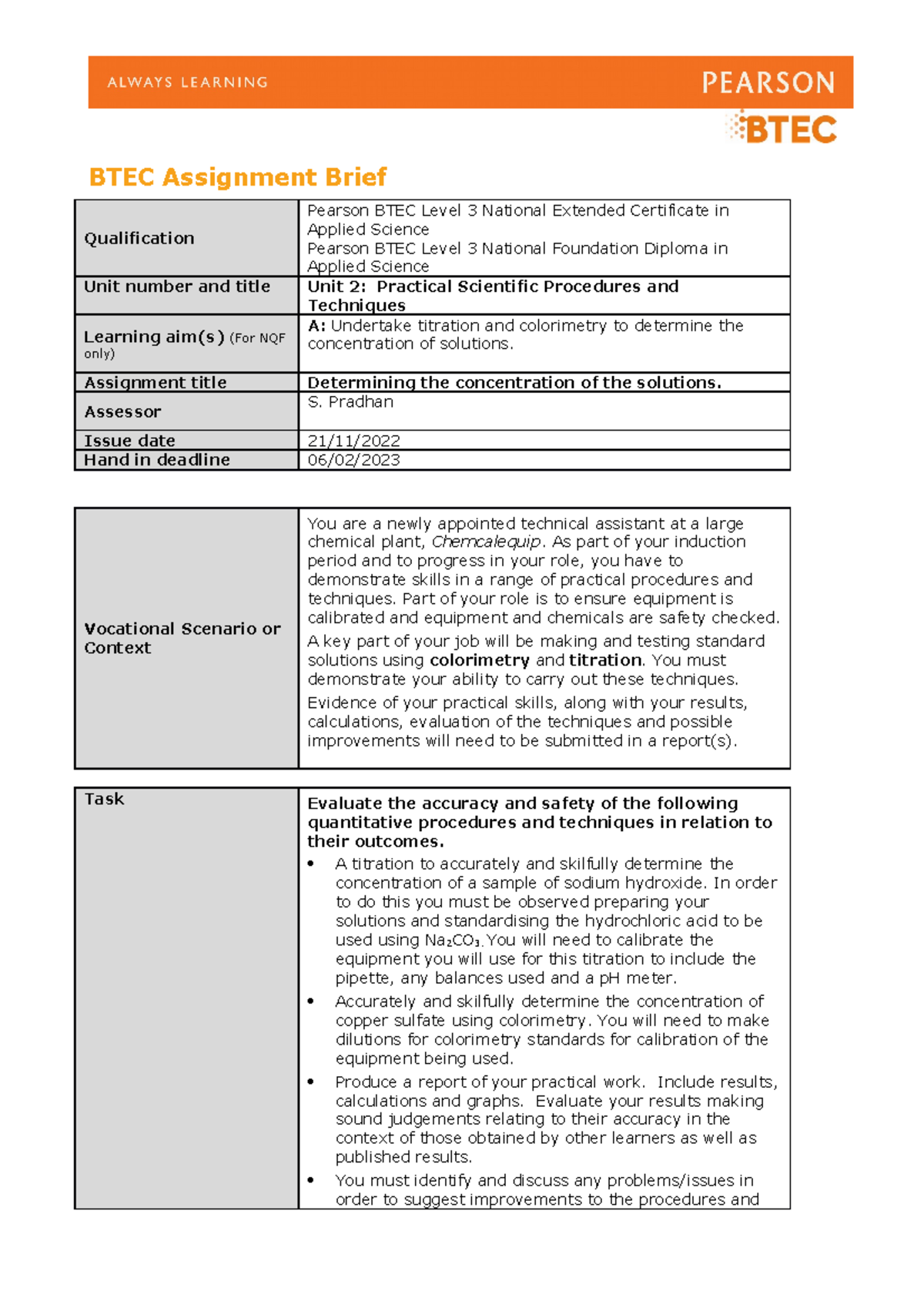 Unit 2 Authorised Assignment Brief For Learning Aim A Practical ...